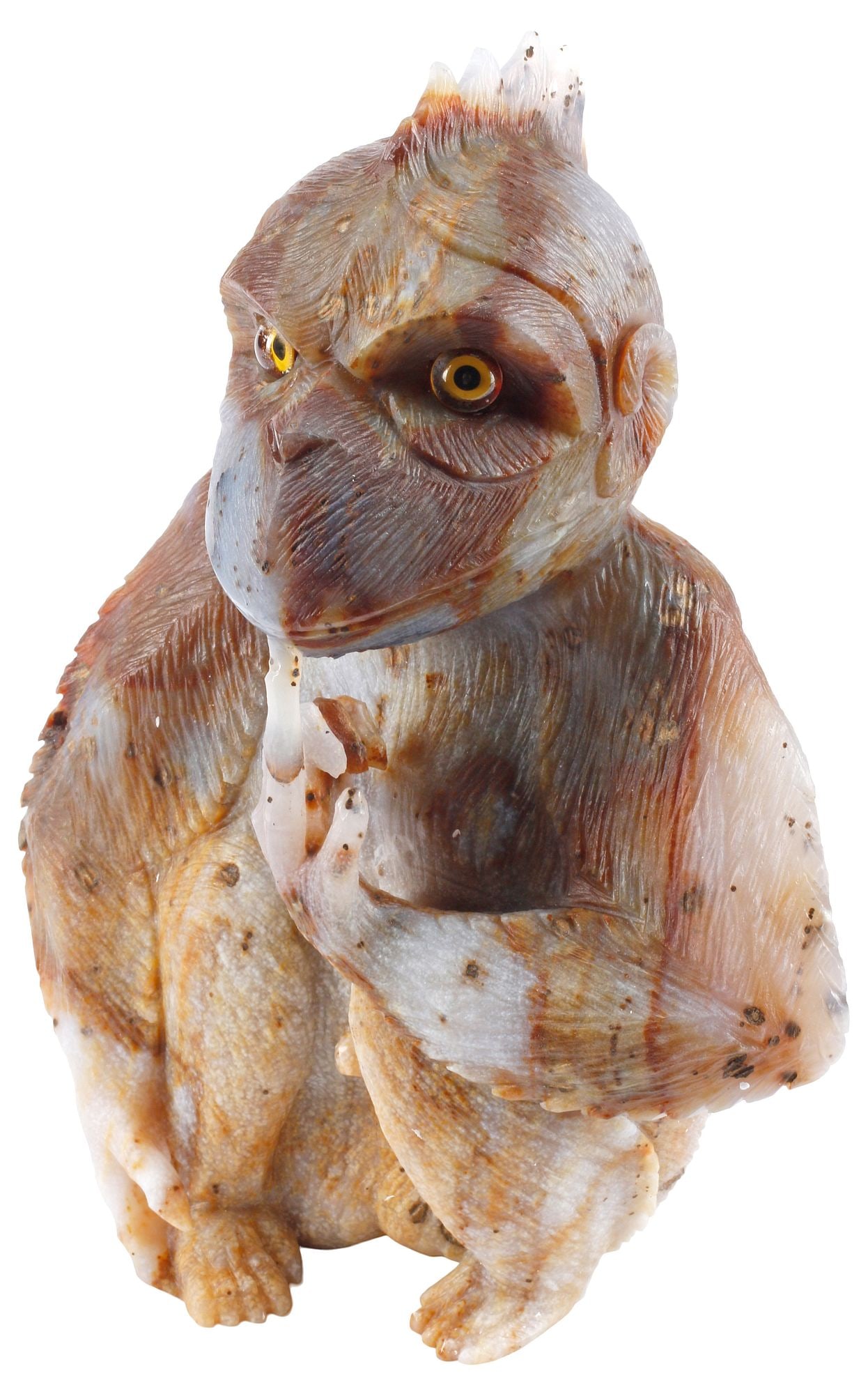 CARVED AGATE FIGURE WITH INSET EYES, SEATED MONKEY: Carved agate figural sculpture, Seated Monkey, with inset eyes, approx 10.5"h, 8"w, 4"d, 9.5lbs