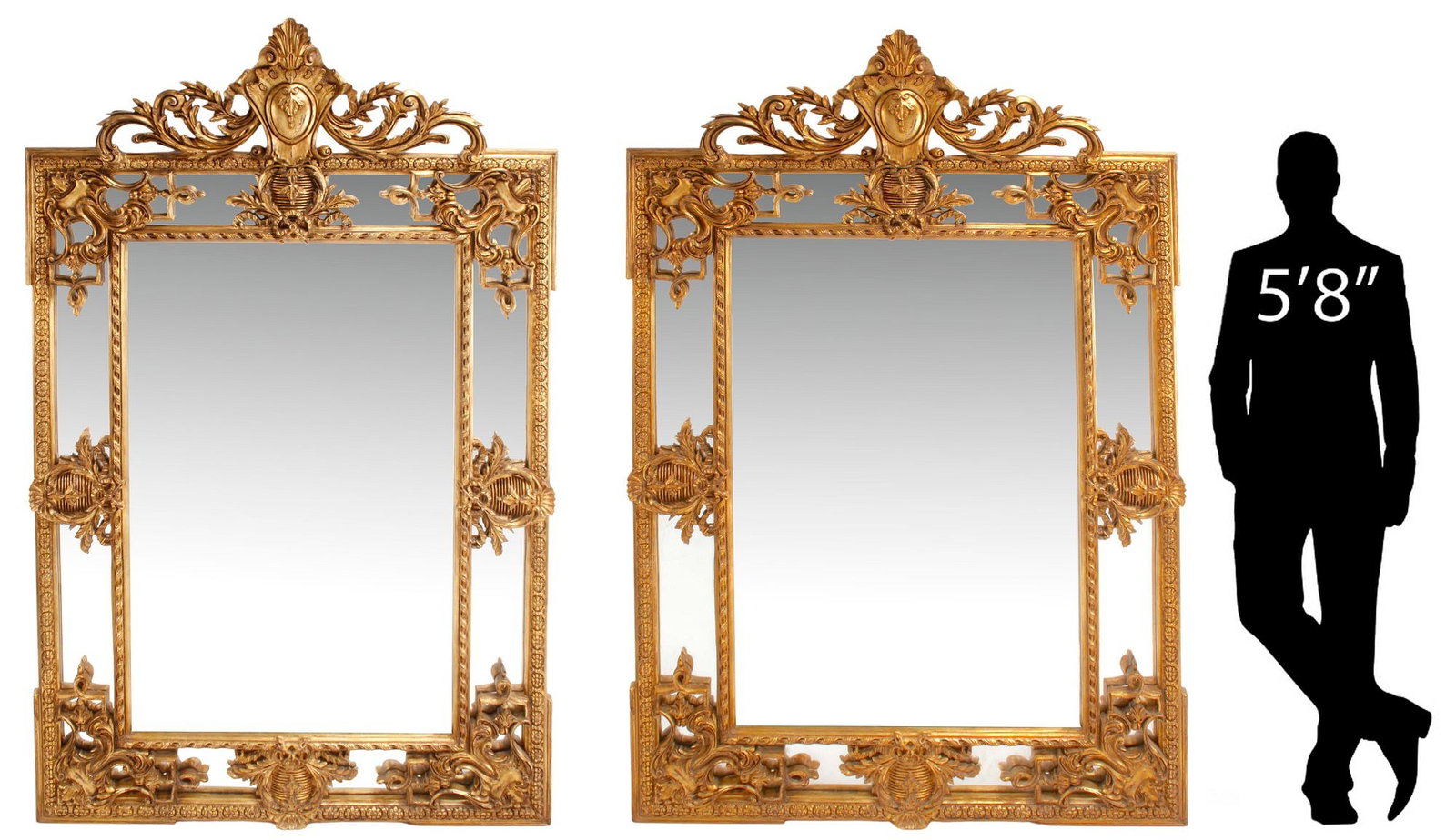 (2) MONUMENTAL REGENCE STYLE GILTWOOD PARCLOSE MIRRORS, 93.5"H: (pair) Monumental Regence style giltwood mirrors, pierced scrolling crest with central shield, foliated cushion frame encasing flat mirror plates, approx 93.5"h, 56.5"w, 280lbs total