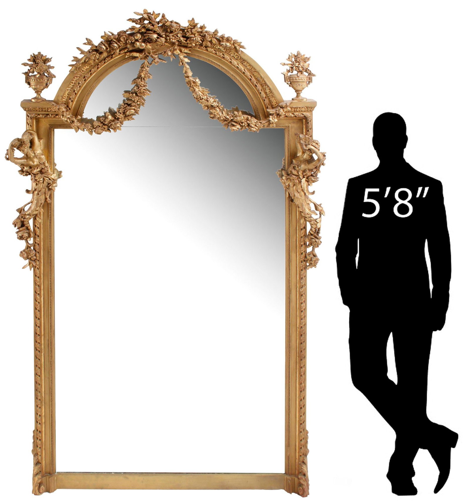 MONUMENTAL LOUIS XVI STYLE GILTWOOD WALL MIRROR, 99"H: Monumental Louis XVI style giltwood wall mirror, having arched crest with floral bouquet and flowering urn finials, above draped swag and protruding female beauties, encasing elongated flat mirror pla