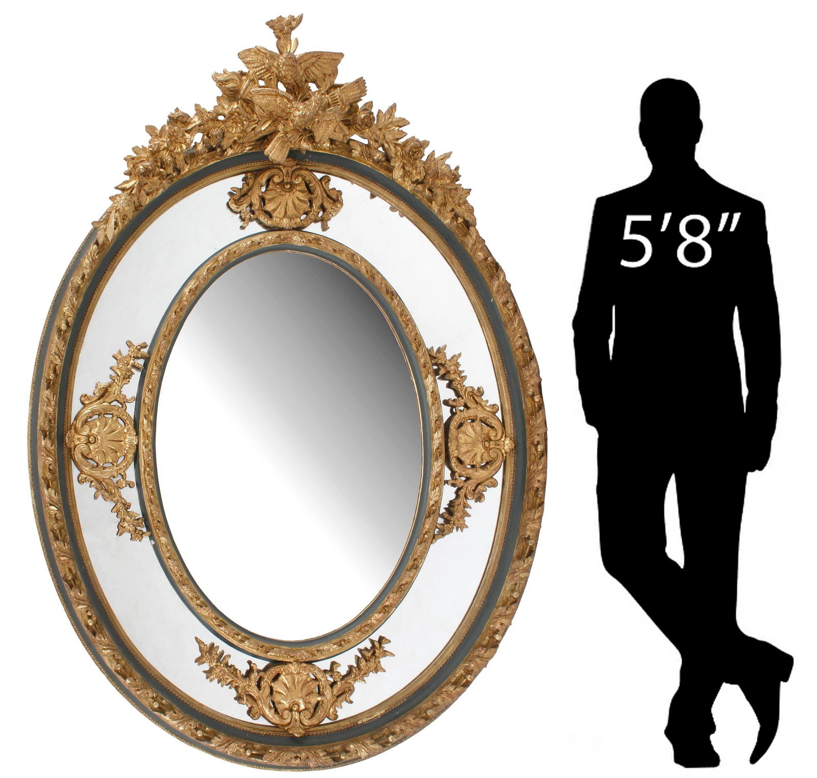 LARGE LOUIS XVI STYLE PARCEL-GILT OVAL CUSHION MIRROR, 75"H (1 of 6)