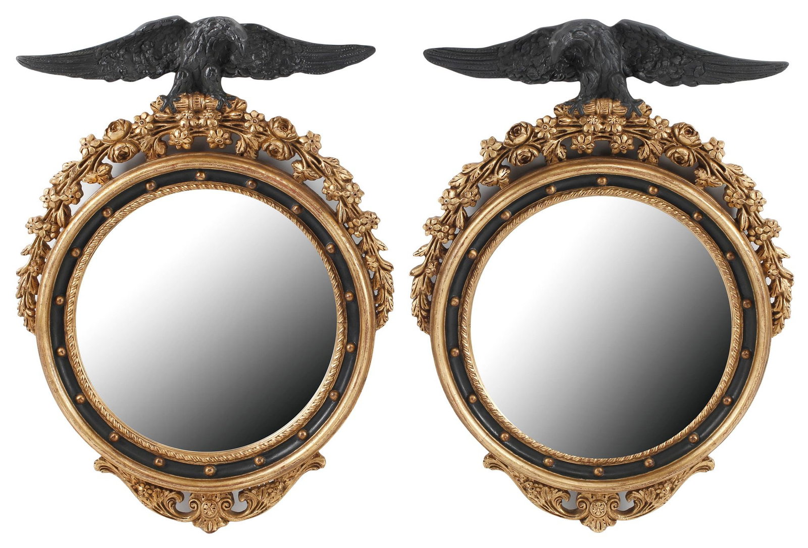 (2) LARGE REGENCY STYLE PARCEL-GILT & EBONIZED EAGLE MIRRORS, 40"H (1 of 6)