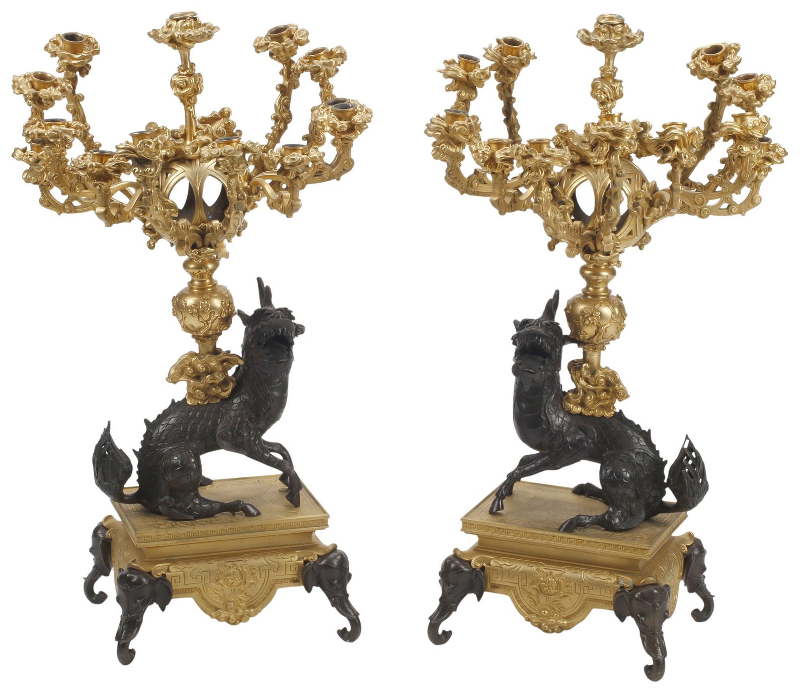 (2) LARGE FRENCH CHINOISERIE ORMOLU & PATINATED-BRONZE QILIN CANDELABRA, 33"H (1 of 6)