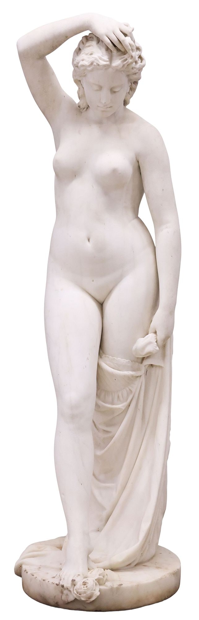 SALVATORE ALBANO (D.1893) LIFE-SIZE MARBLE SCULPTURE, FEMALE NUDE, 67"H: Life-sized carved marble sculpture, Draped Female Beauty, signed at base S. Albano (Salvatore Florenti Albano, Italian, 1841-1893), dated 1880, depicting a nude figure with one arm raised above head,