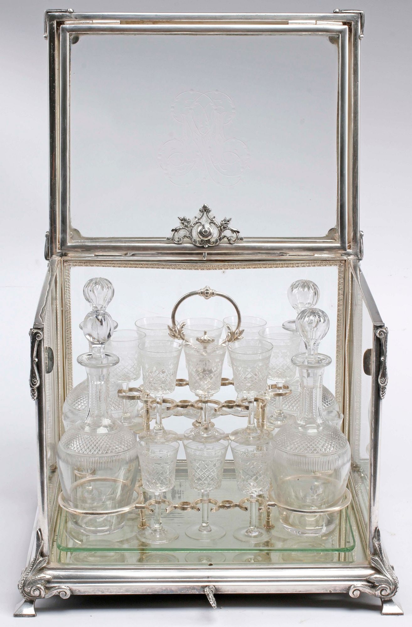 FRENCH NAPOLEON III PERIOD SILVER-TONE METAL & GLASS CAVE A LIQUEUR (1 of 6)