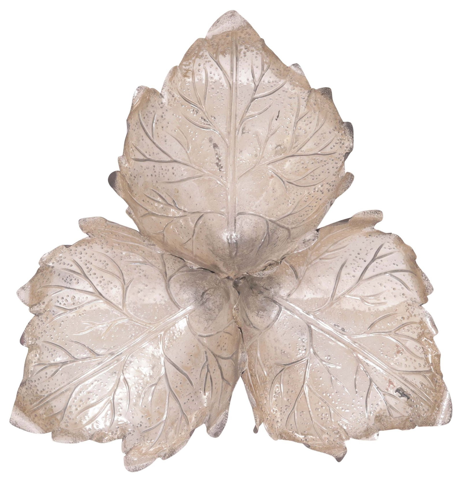 ITALIAN BUCCELLATI-STYLE STERLING SILVER GRAPE LEAF SECTIONED DISH: Italian sterling silver tripartite-sectioned centerpiece dish, in the manner of Buccellati, modeled as three abutting grape leaves, hallmarked 925 Italy with partially-obliterated silversmith's mark,