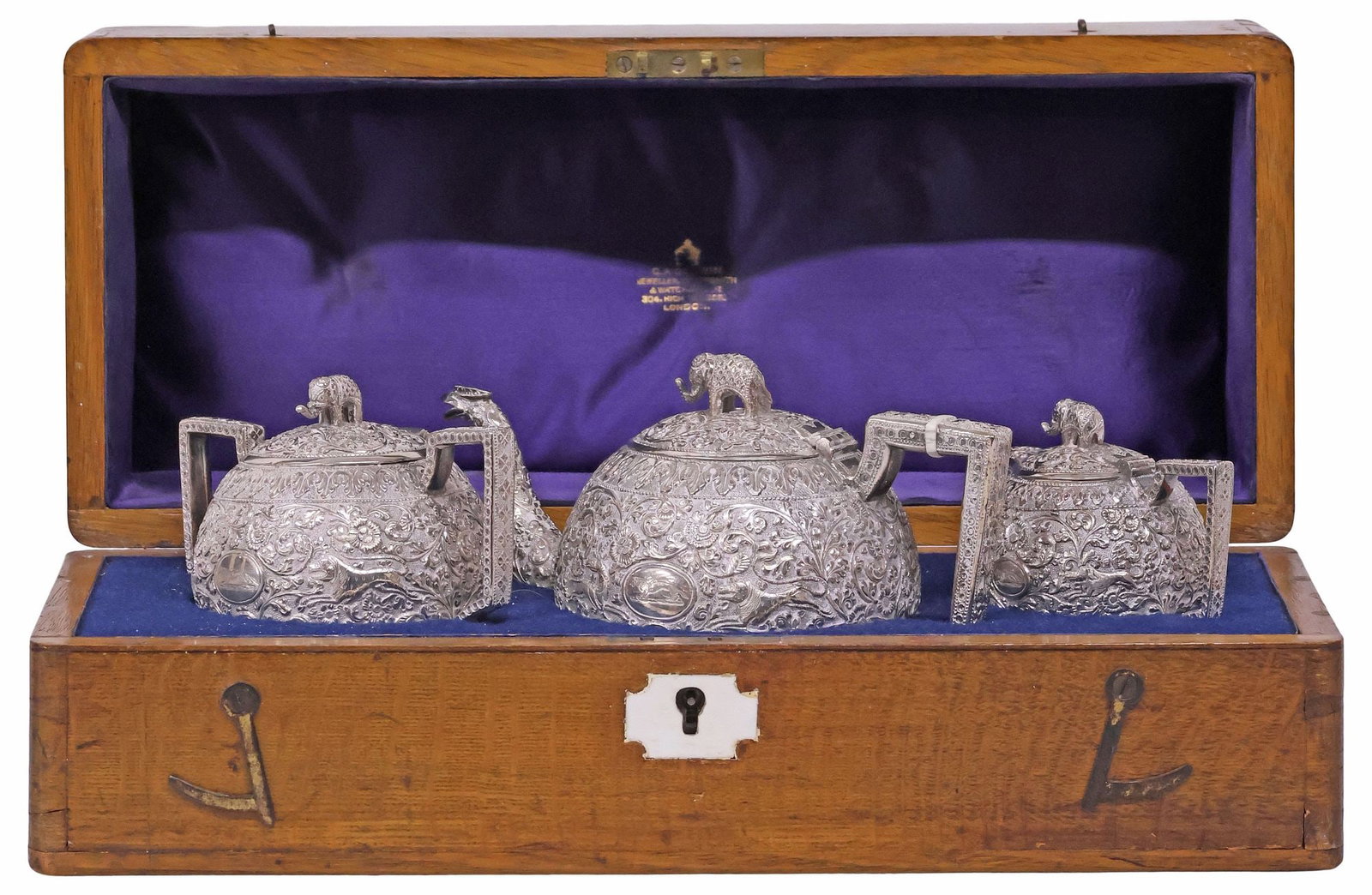 (3) EXCEPTIONAL ANGLO-INDIAN CASED REPOUSSE SILVER TEA SERVICE, HOUND CREST (1 of 17)