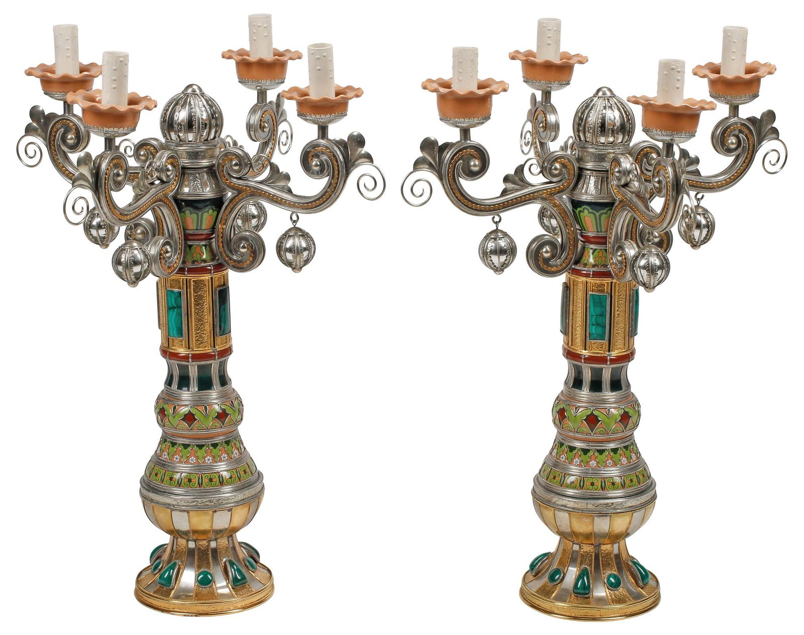 (2) UNUSUAL JEWELED & ENAMELED 4-LIGHT CANDELABRA LAMPS, 32.5"H (1 of 5)