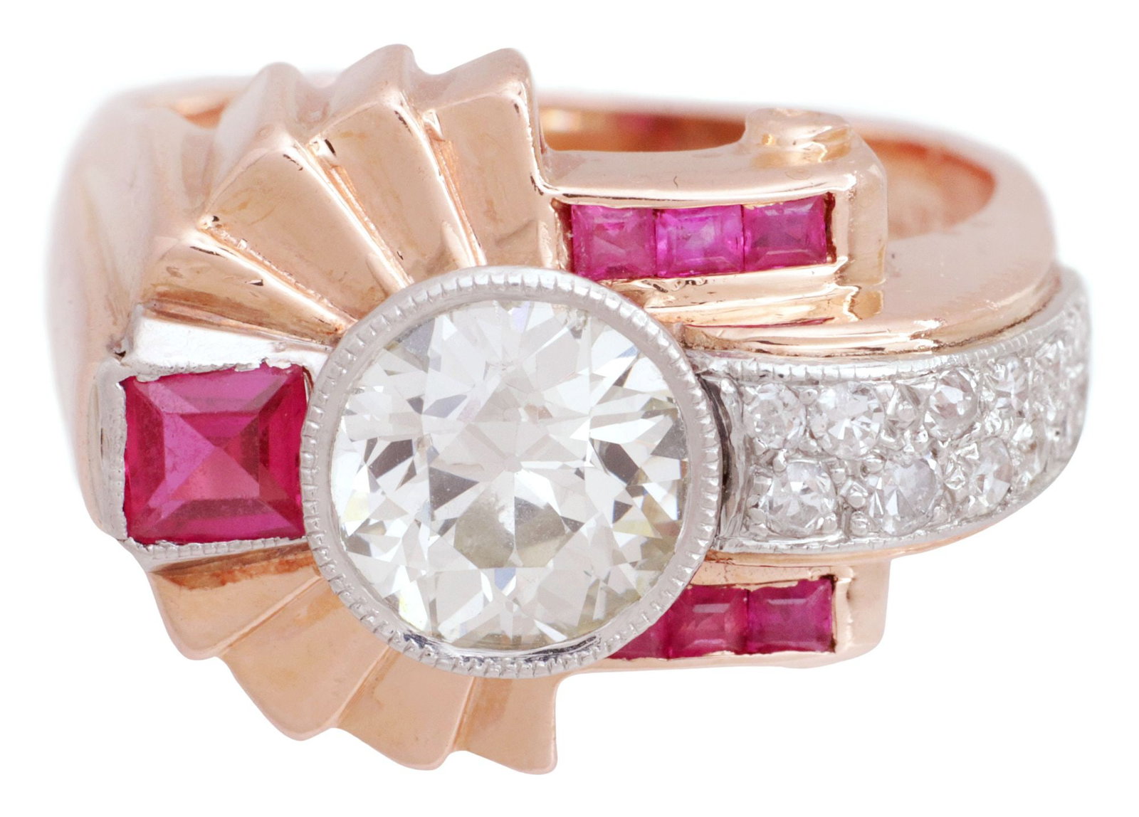 ESTATE RETRO 14KT ROSE GOLD, 2.77CTTW DIAMOND & RUBY RING: Estate Art Deco style 14kt rose gold (tested), platinum and gemstone ring, central round-cut diamond, approx 1.94cts, color: H-I, clarity: I, beside a platinum lined, pave-set band of (thirteen)