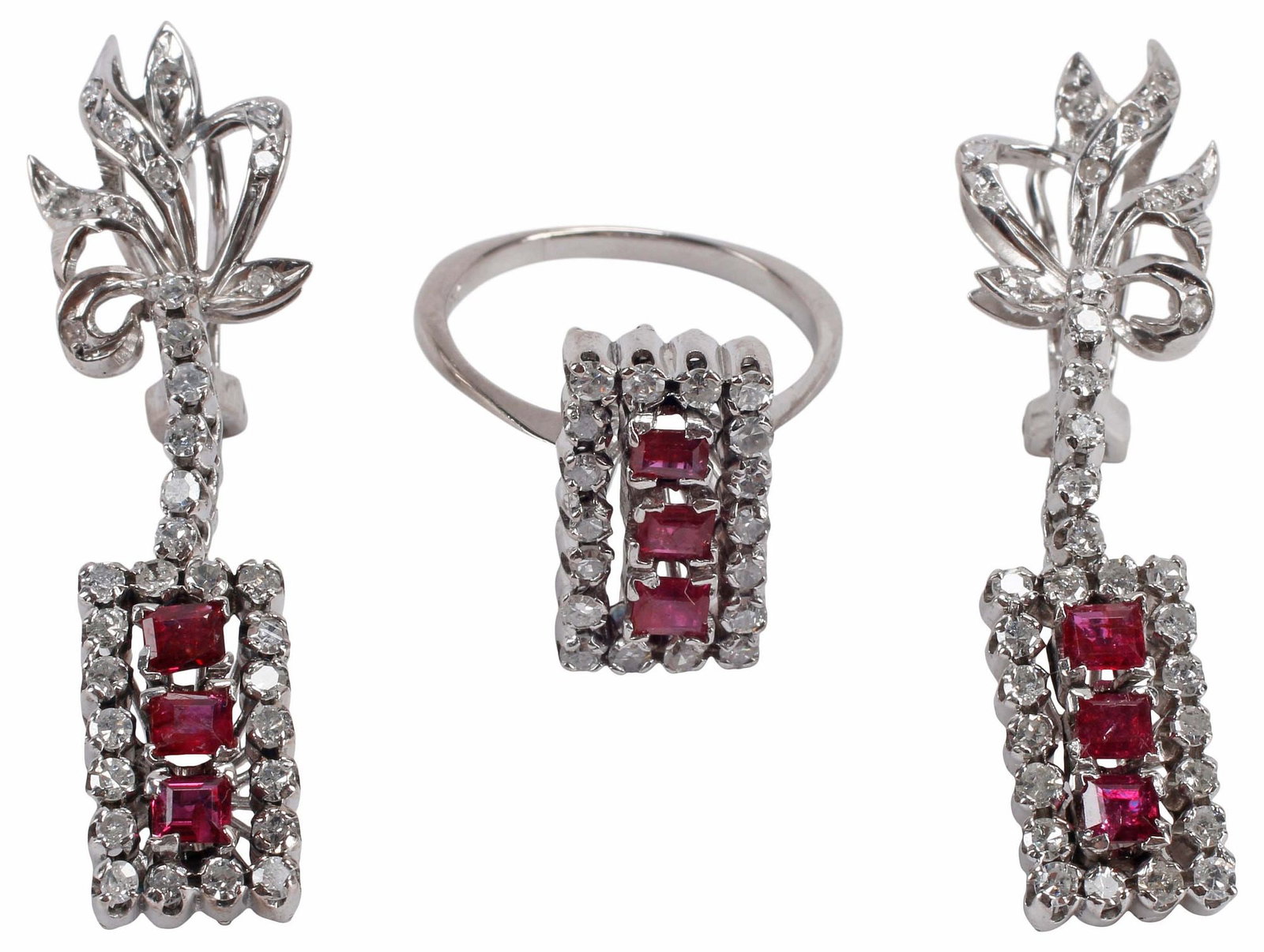 (2) ESTATE 12KT WHITE GOLD, DIAMOND & RUBY JEWELRY SET, RING & EARRINGS (1 of 5)