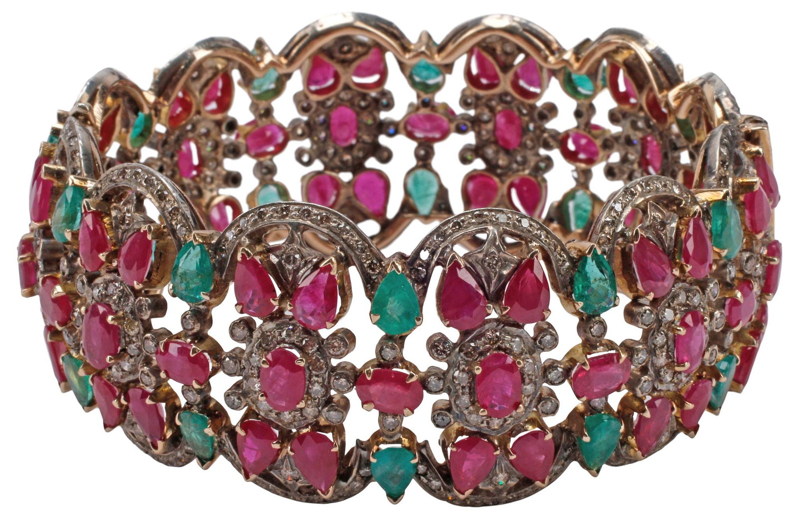 ESTATE RUBY, EMERALD & DIAMOND HINGED BANGLE BRACELET (1 of 5)