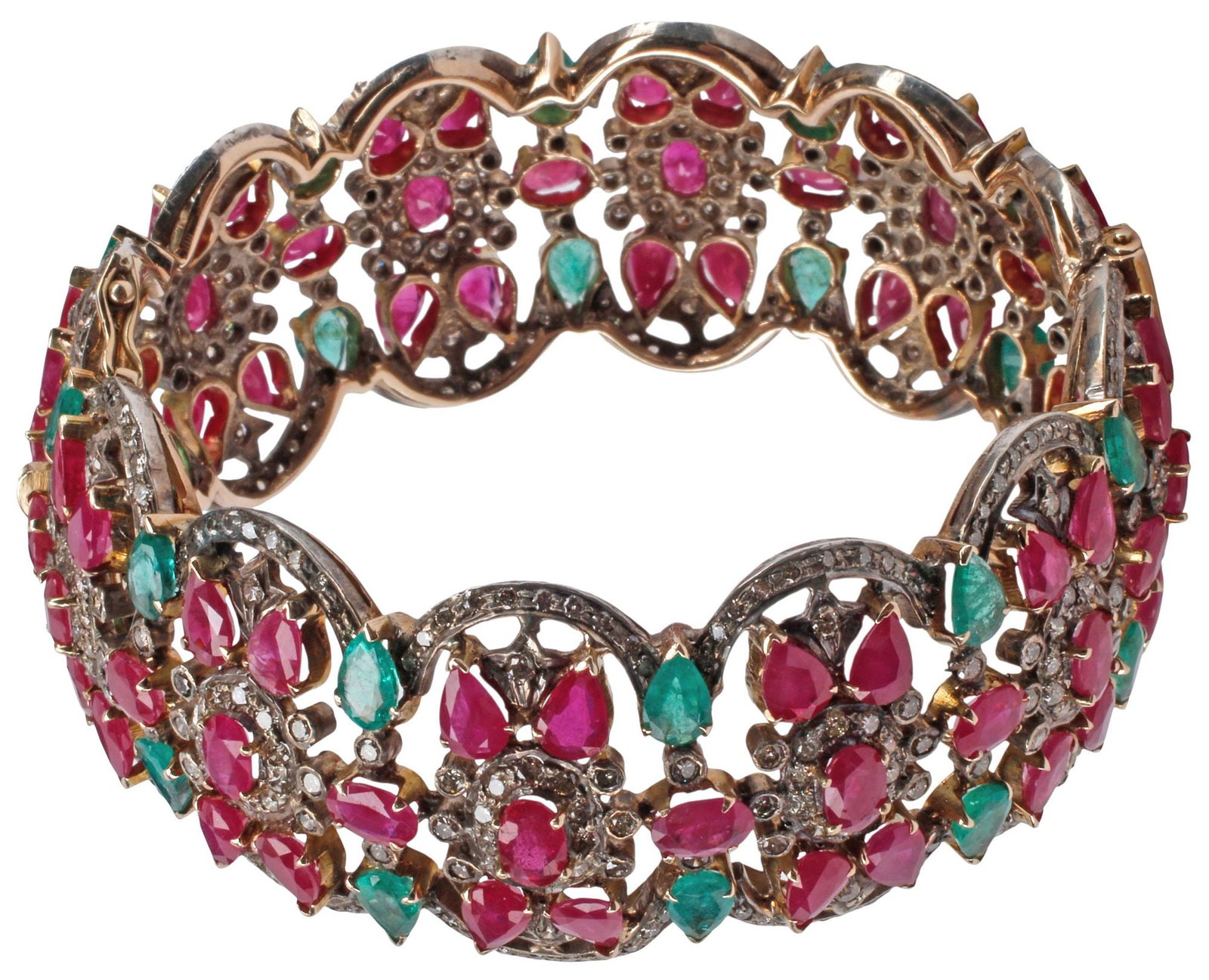 ESTATE RUBY, EMERALD & DIAMOND HINGED BANGLE BRACELET - 2