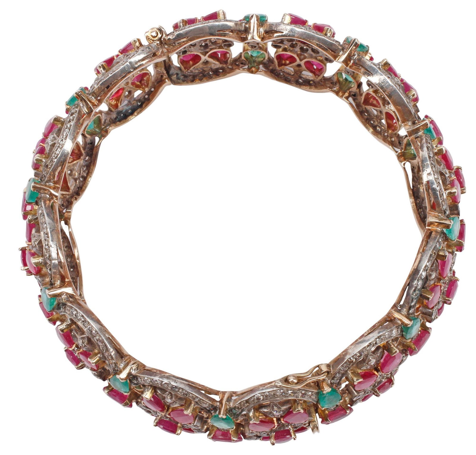 ESTATE RUBY, EMERALD & DIAMOND HINGED BANGLE BRACELET - 3