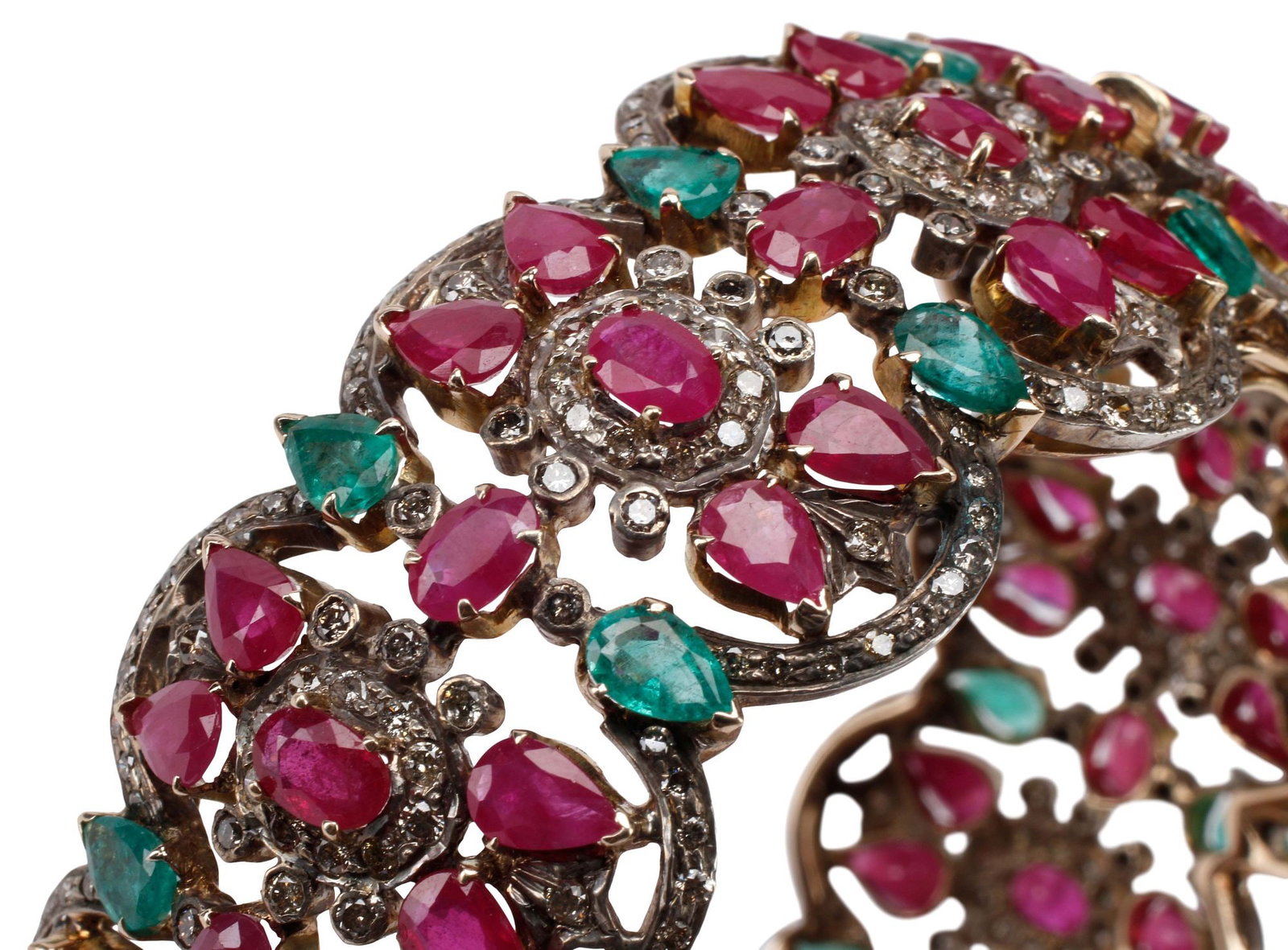 ESTATE RUBY, EMERALD & DIAMOND HINGED BANGLE BRACELET - 4