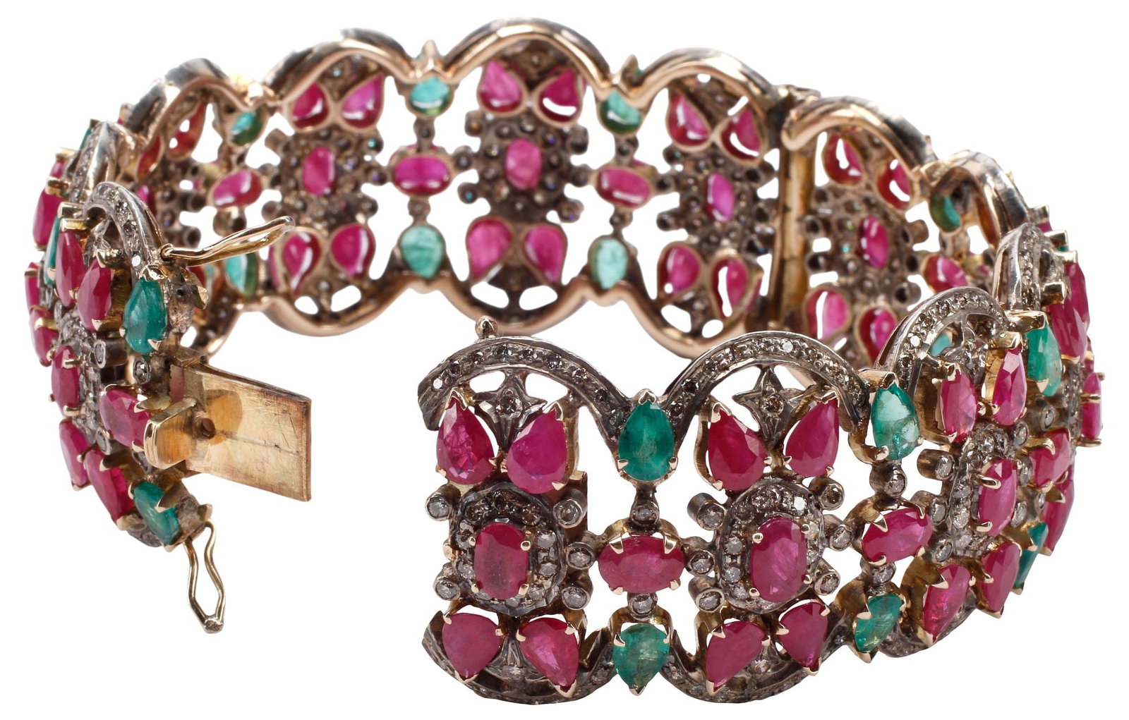 ESTATE RUBY, EMERALD & DIAMOND HINGED BANGLE BRACELET - 5