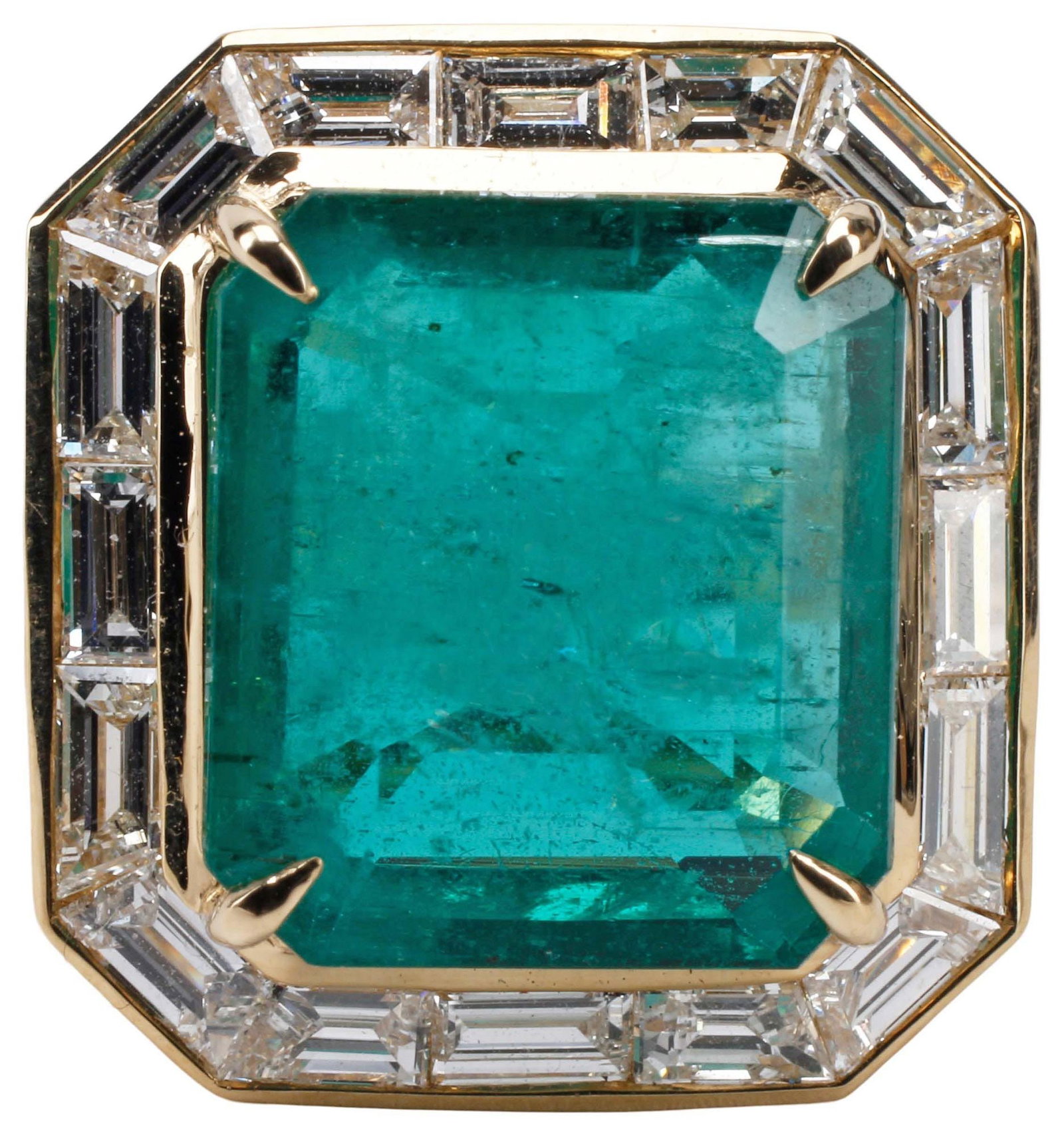 ESTATE 18KT YELLOW GOLD, EMERALD & DIAMOND RING: Estate 18kt yellow gold (tested) and gemstone ring, an emerald-cut emerald, approx 6.22cts, framed by an octagonal surround of baguette-cut diamonds, approx 1.50cttw, average color: G-H, average