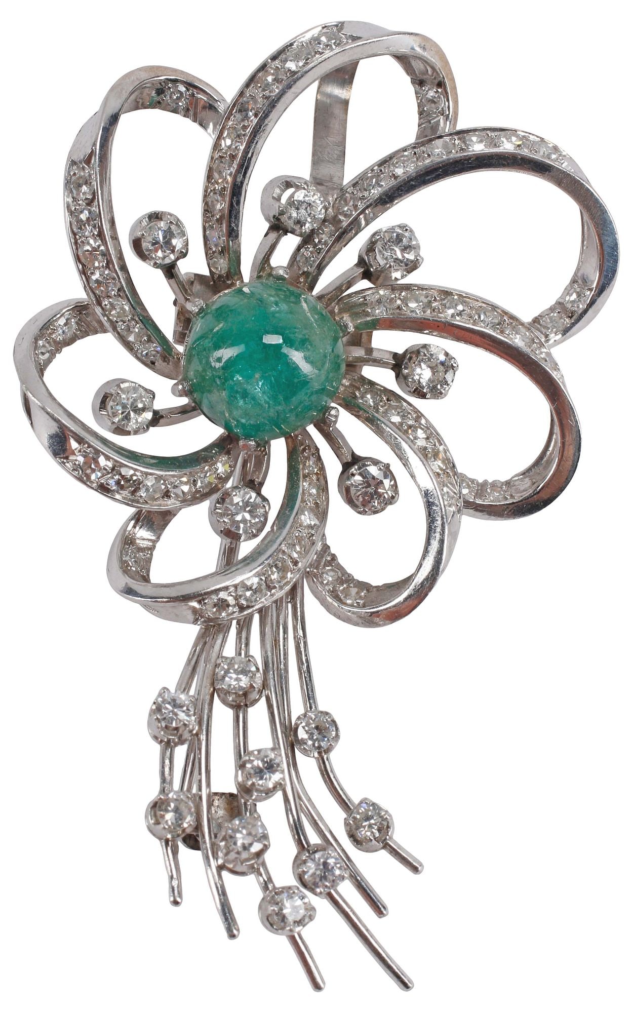 ESTATE PLATINUM, EMERALD & DIAMOND FLORIFORM BROOCH: Estate platinum (tested) and gemstone pendant brooch, modeled as a blooming flower, central emerald cabochon, approx 3.40cts, fitted with numerous diamonds, approx 2.60cttw, average color: H-I,