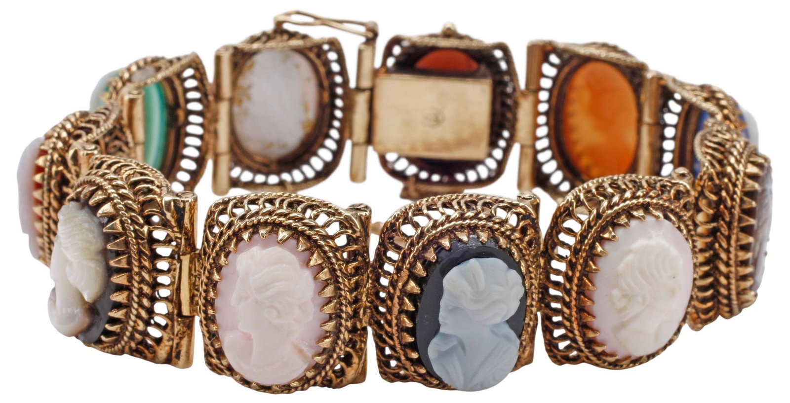 ESTATE 14KT YELLOW GOLD CAMEO LINK BRACELET: Estate 14kt (tested) yellow gold cameo link bracelet, each cameo depicting a beauty in profile, in reticulated bezel, box closure with safety chain, hallmarked 14K with maker's mark A within a