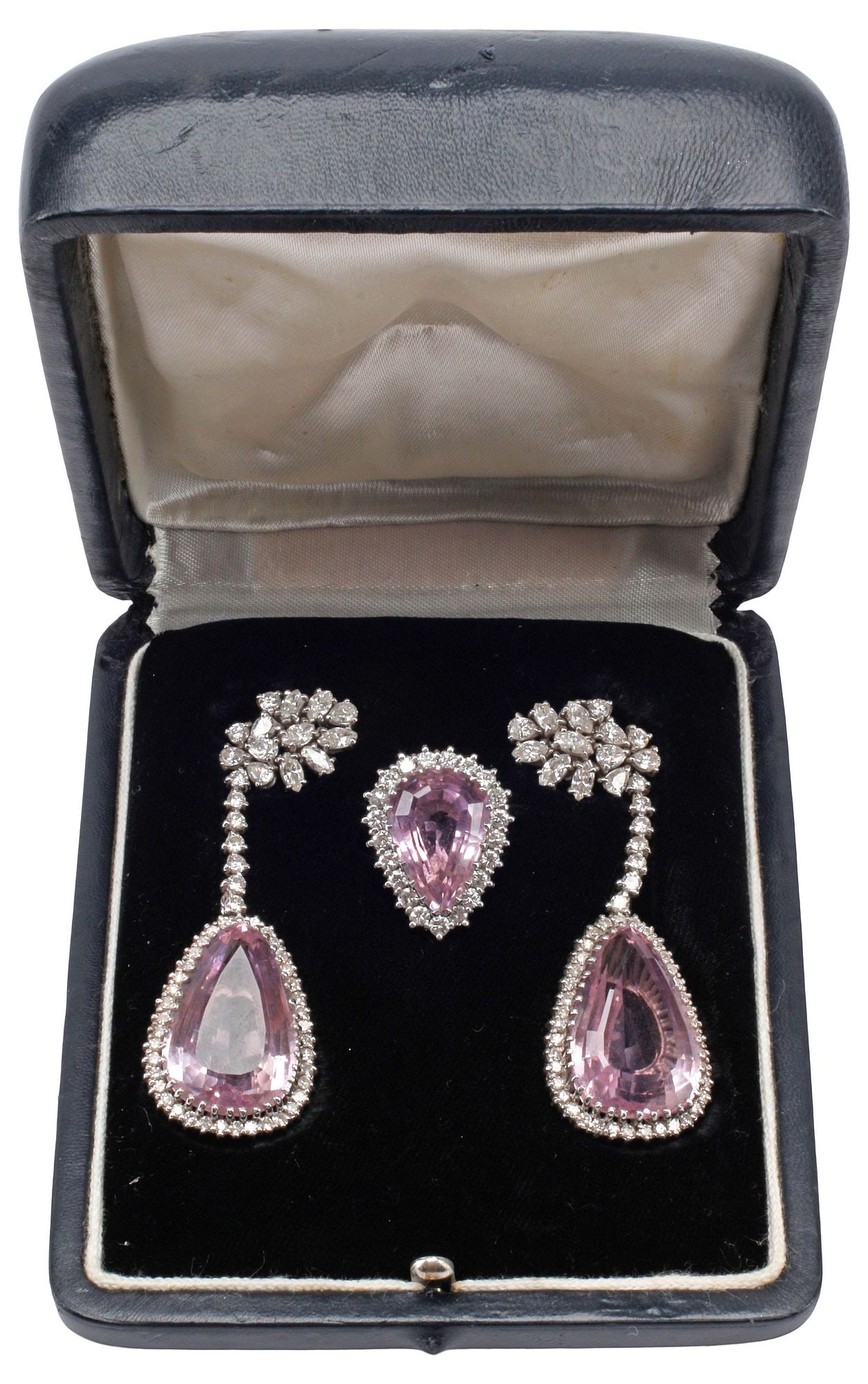 (2) ESTATE PLATINUM, DIAMOND & KUNZITE JEWELRY SET, EARRINGS & RING: (lot of 2) Estate platinum (tested) and kunzite demi-parure, including: (pair) earrings, each having floriform plaque with (thirteen) oval and marquise-cut diamonds, issuing (seven) round-cut diamond