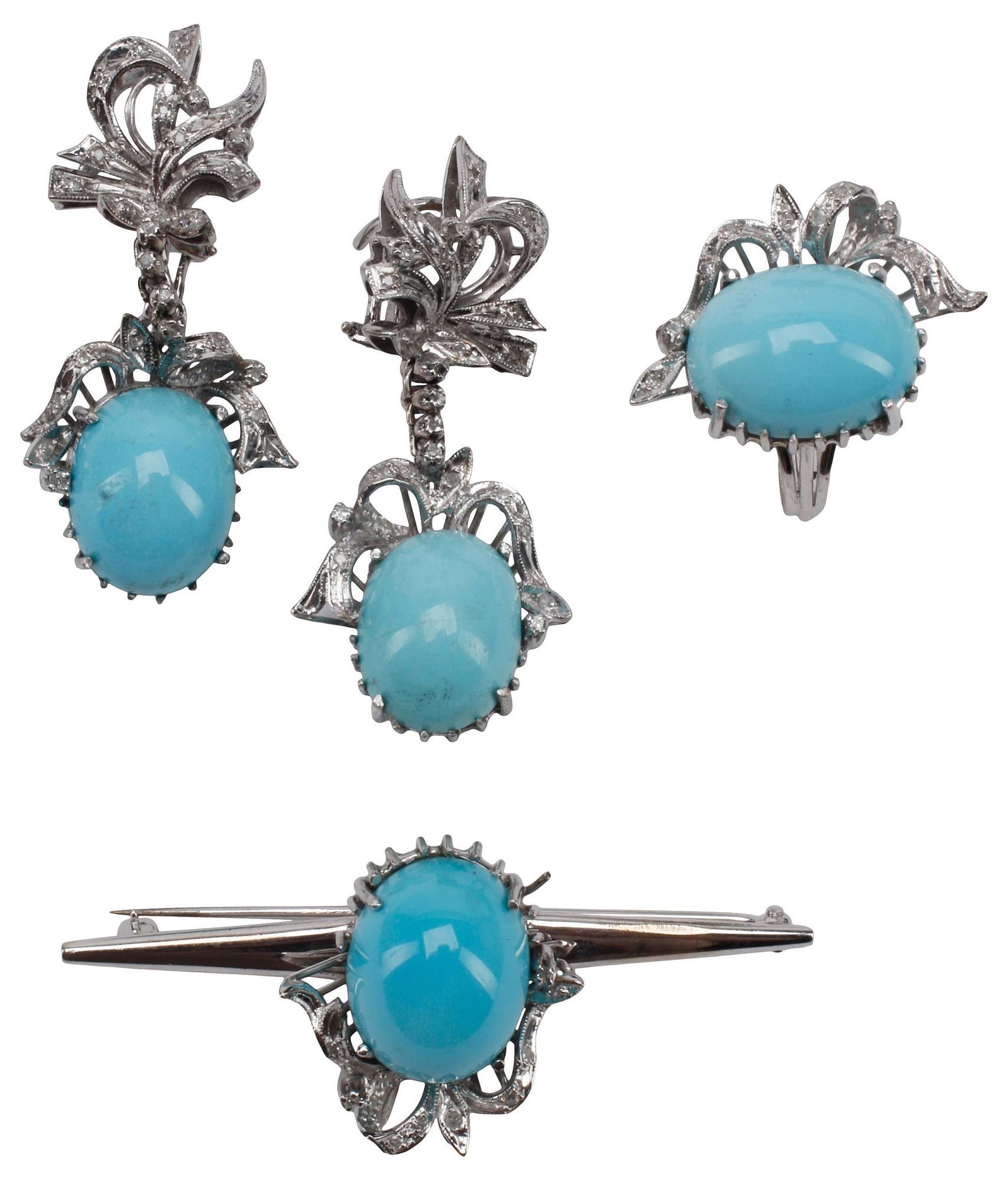 (3) ESTATE WHITE GOLD & PLATINUM DIAMOND & TURQUOISE JEWELRY SUITE: (lot of 3) Estate mixed metal and gemstone demi-parure, each set with an oval turquoise cabochon, including: (pair) pendant earrings, mixed gold and platinum (tested) drop suspended from a bow-form su