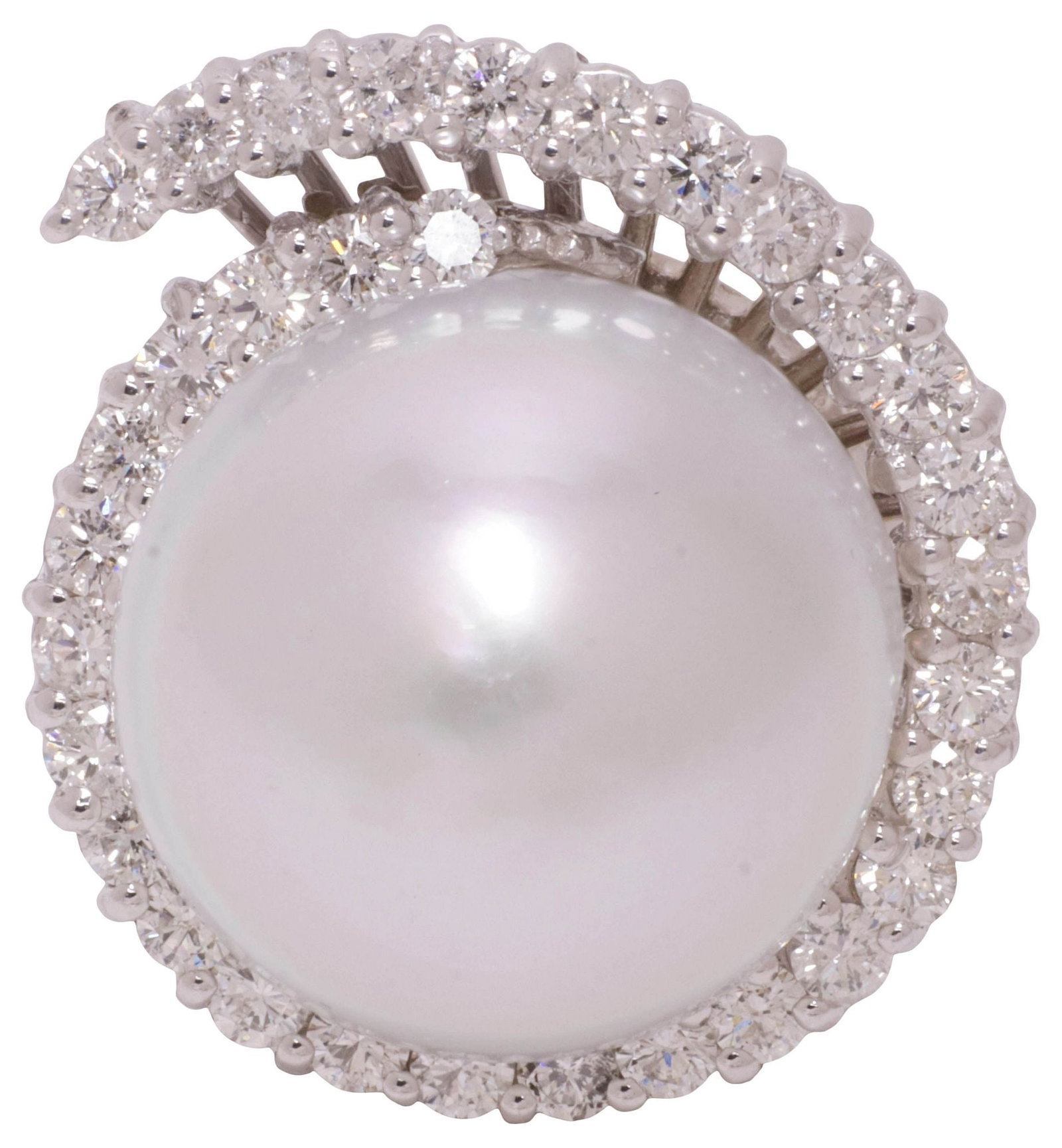 ESTATE 18KT WHITE GOLD, SOUTH SEA PEARL, & 1.00CTTW DIAMOND COCKTAIL RING: Estate 18kt white gold (tested) ring, central round cultured South Sea pearl, approx 16.5mm-17mm, within spiral halo of (thirty-two) round brilliant-cut diamonds, approx 1.00cttw, average color: F-G,