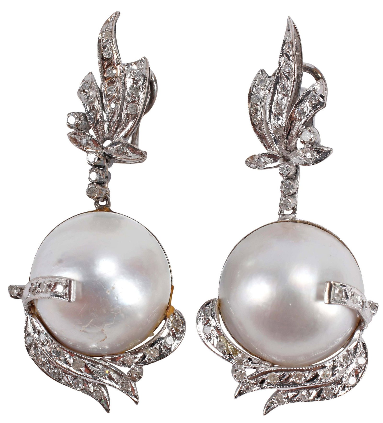 ESTATE SILVER, DIAMOND & MABE PEARL DROP EARRINGS: Estate silver (content unknown) and gemstone dangle earrings, each with stylized foliate surmount and accents, set with round-cut diamonds, approx 1.00cttw, average color: H-I, average clarity: