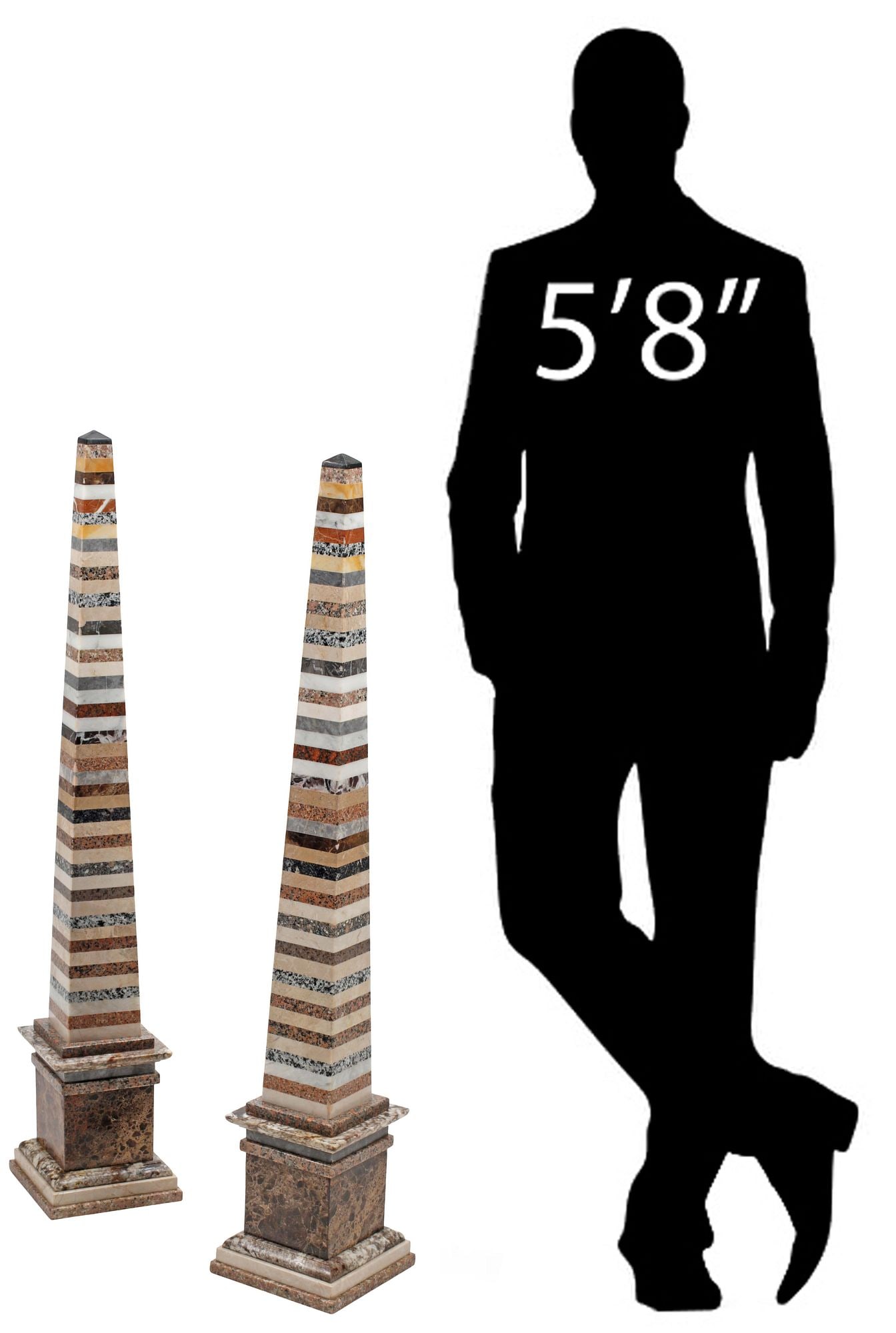 (2) LARGE GRAND TOUR STYLE SPECIMEN MARBLE OBELISKS, 45"H: (pair) Large Grand Tour style specimen marble obelisks, approx 45"h, 8"w, 8"d, 125lbs total 