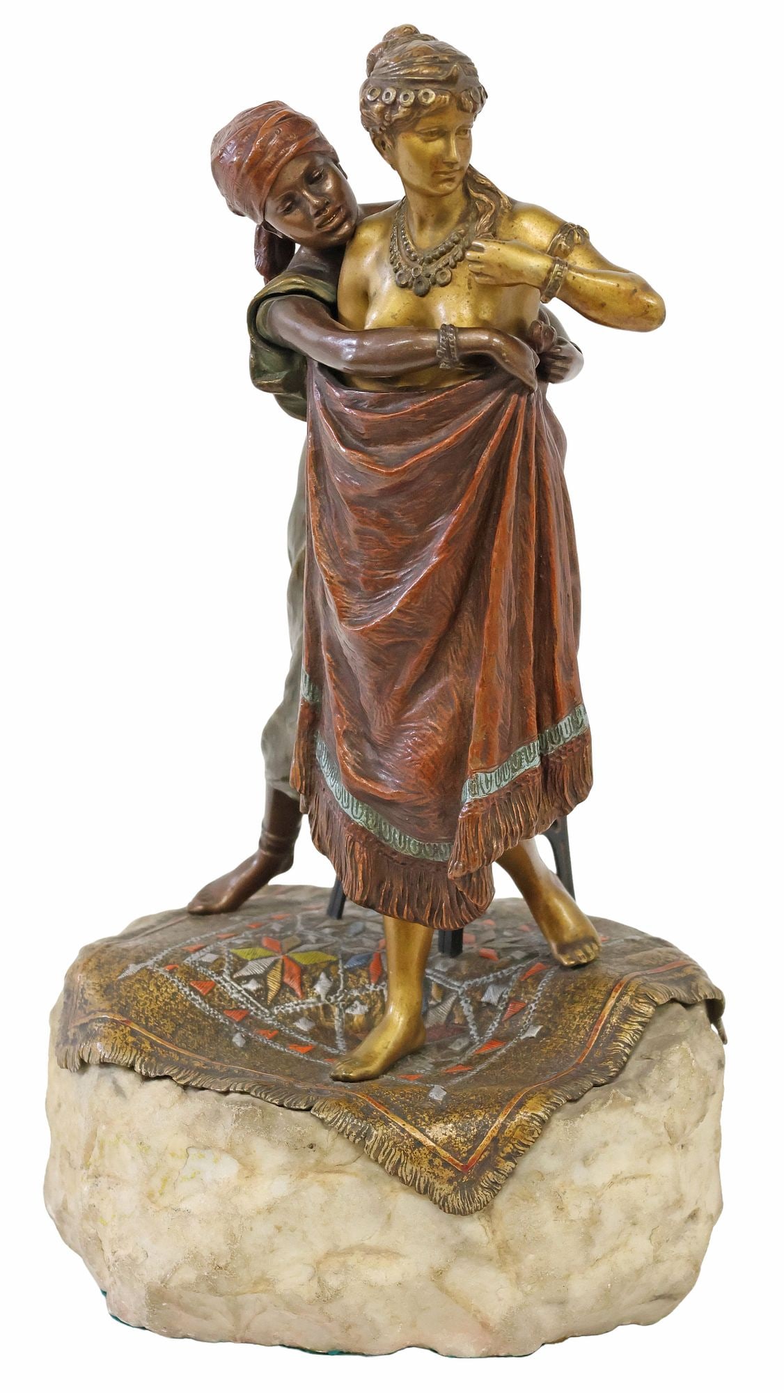 FRANZ BERGMAN (1861-1936) ORIENTALIST COLD-PAINTED EROTIC BRONZE FIGURAL GROUP: Orientalist cold-painted bronze erotic figural group, After the Bath, signed in cast Nam Greb (Franz Xaver Bergman, Austria, 1861-1936), the female figure with hinged drapery, opening to reveal nude f