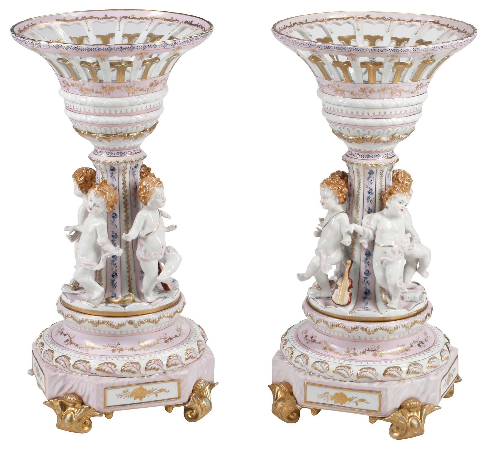 (2) LARGE MEISSEN STYLE FIGURAL CHERUB PORCELAIN CENTERPIECE COMPOTES, 29"H (1 of 6)