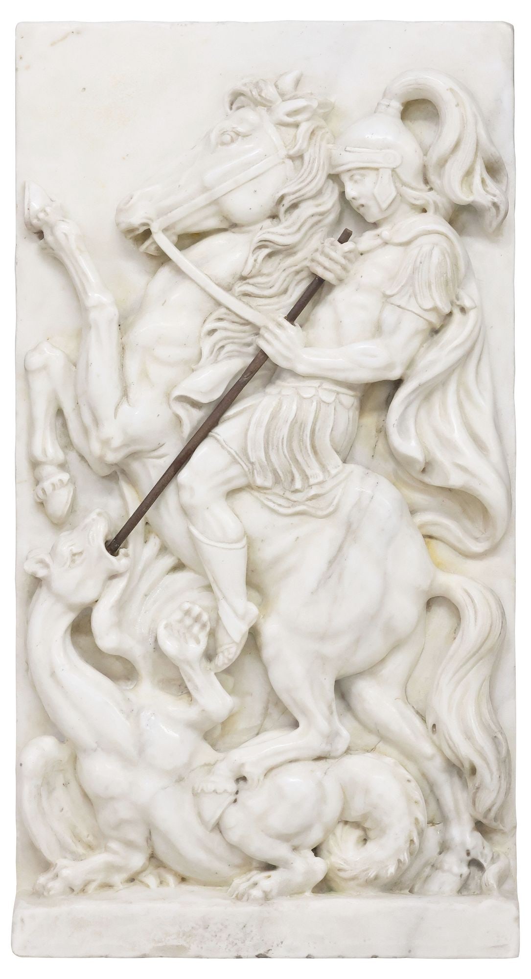 LARGE CLASSICAL STYLE MARBLE RELIEF PLAQUE, ST. GEORGE SLAYING THE DRAGON, 33.5"H (1 of 5)