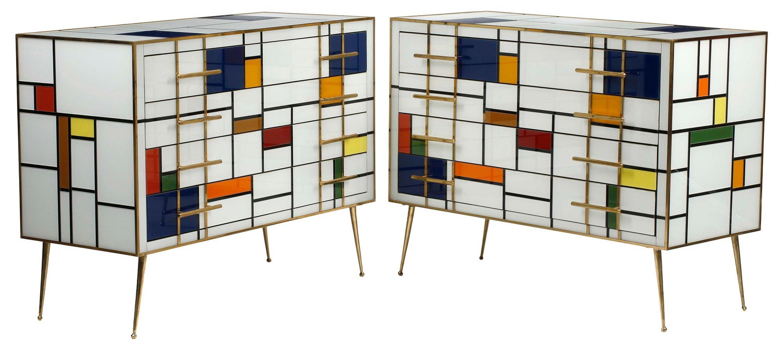 (2) ART MODERNE MONDRIAN STYLE GLASS-CLAD COMMODES: (pair) Art Moderne glass-clad chests of drawers, four drawers fitted with brass pulls, rising on splayed and tapered legs, approx 36"h, 48"w, 20"d