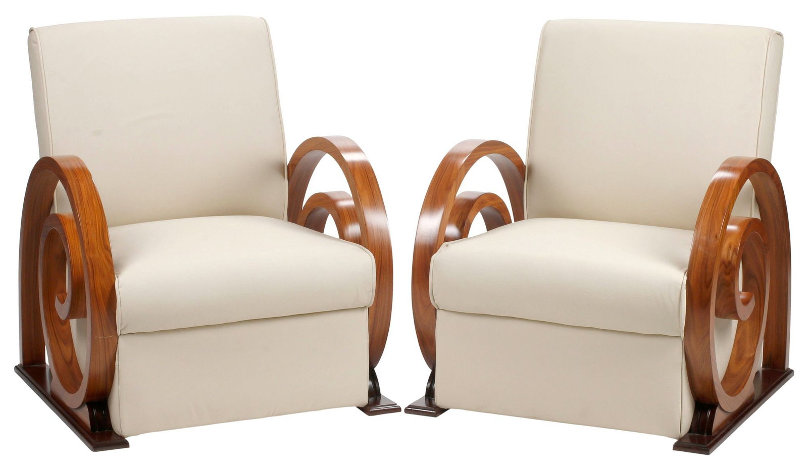 (2) ART DECO STYLE BEIGE LEATHER-UPHOLSTERED SPIRAL LOUNGE CHAIRS (1 of 5)