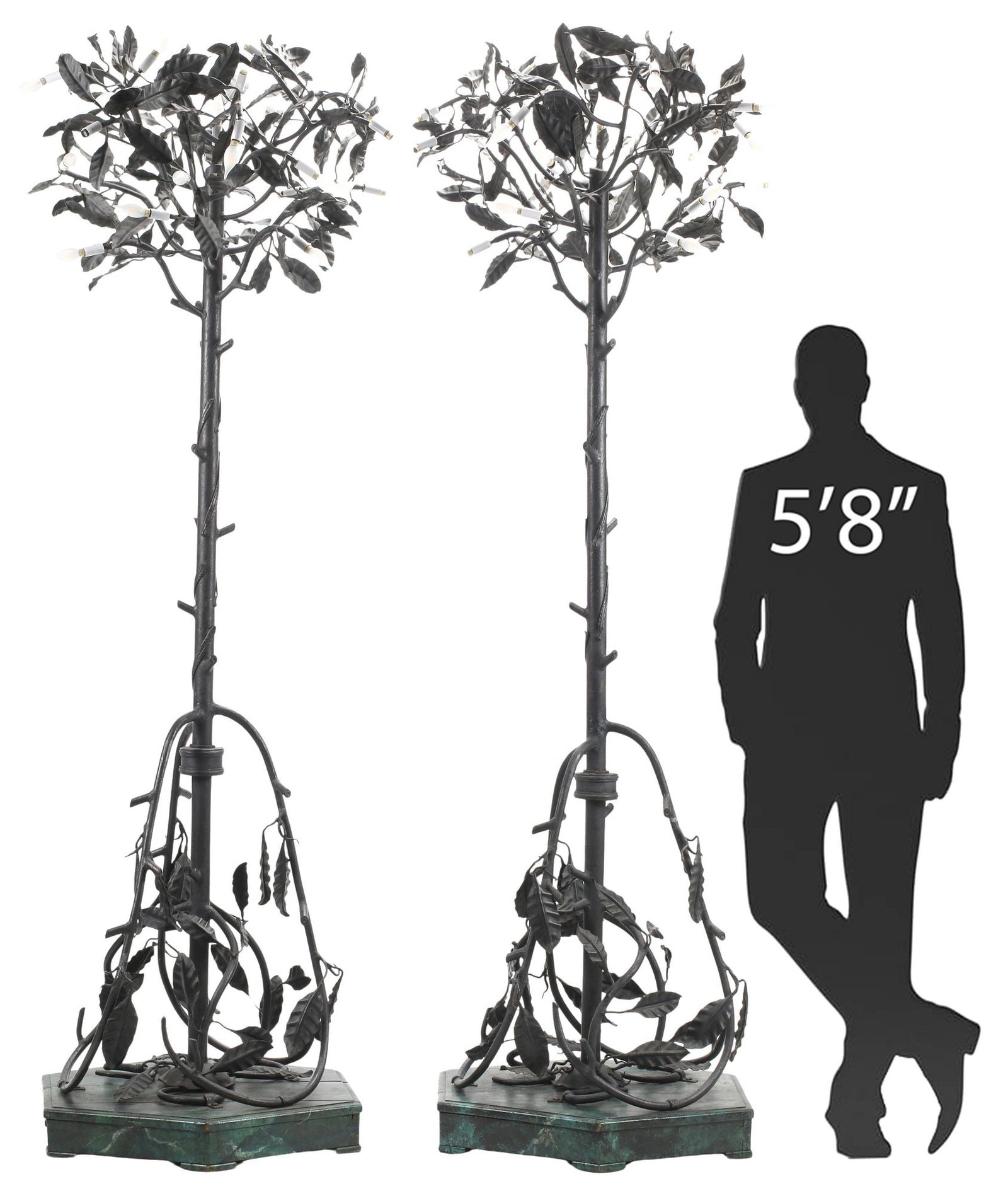 (2) LARGE WROUGHT IRON 24-LIGHT TREE-FORM TORCHIERES, 103"H: (pair) Large wrought iron and paint-decorated floor torcheres, each modeled as a tree, foliate-bearing branches interspersed with twenty-four lights, the trunk entwined with vinery and lower tendril b