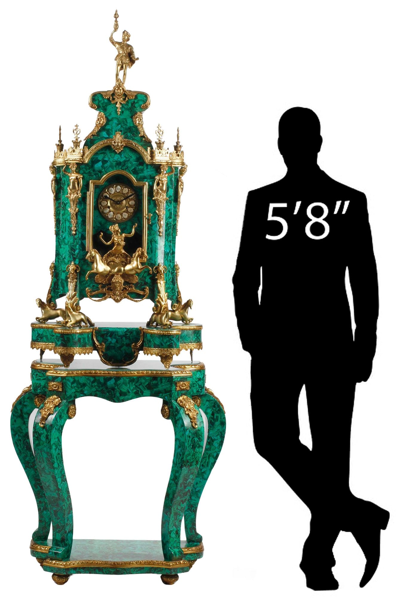 LARGE REGENCE STYLE ORMOLU-MOUNTED FAUX MALACHITE CLOCK ON STAND, 86.5"H (1 of 8)