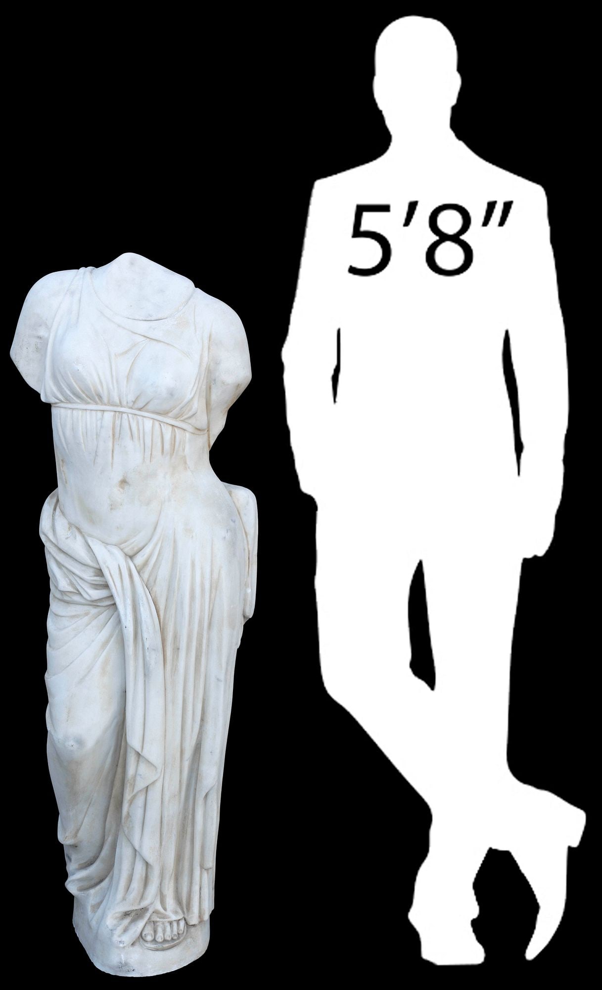 CLASSICAL STYLE MARBLE DRAPED FEMALE FIGURE AFTER THE ANTIQUE, 47"H: Classical style carved Carrara marble sculpture, Draped Female Figure, after the antique, base intact with restorations, approx 47"h, 14"w, 10"d **PLEASE NOTE: All of the cast stone and garden pieces 