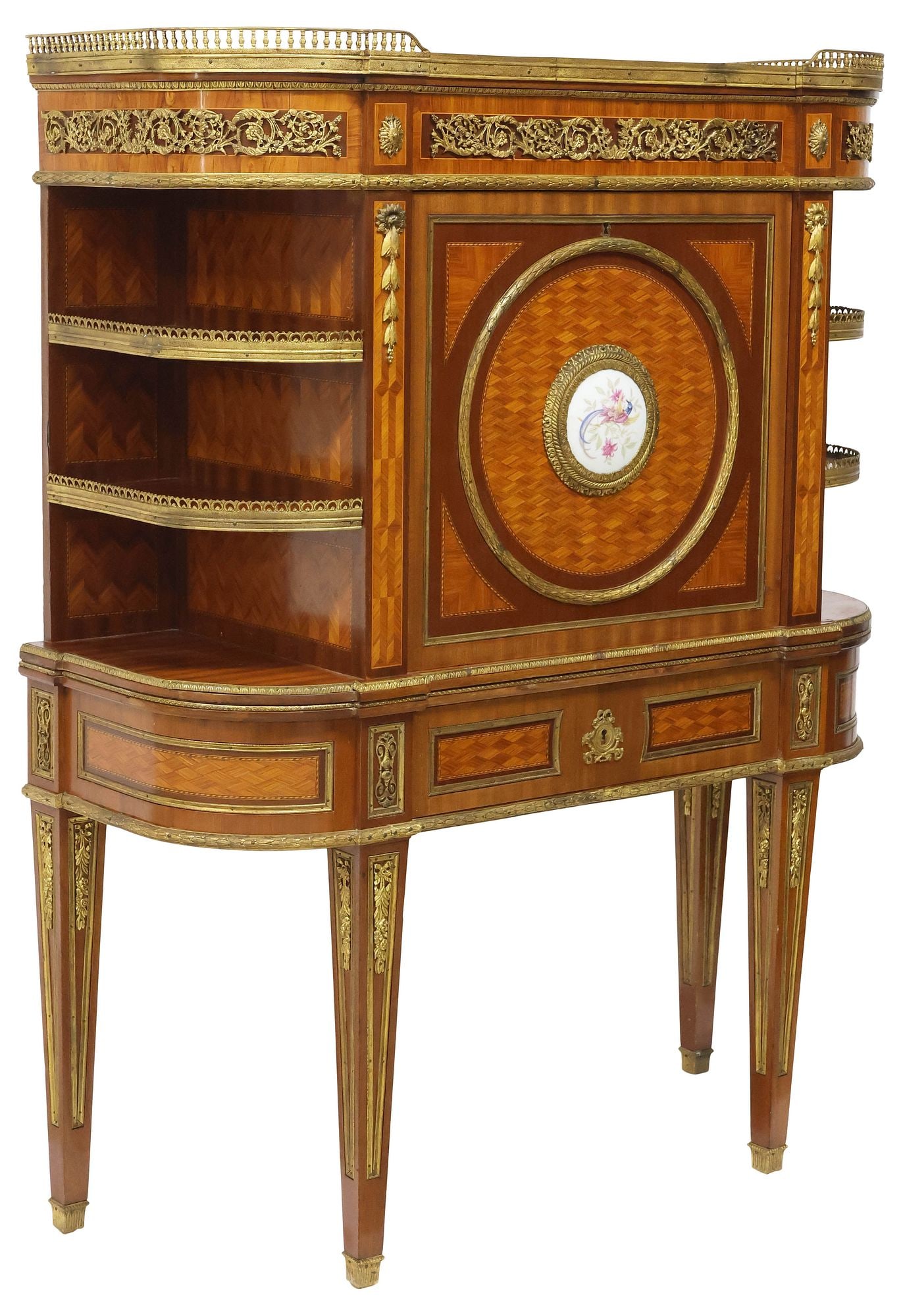 FRENCH LOUIS XVI STYLE PORCELAIN-MOUNTED INLAID WRITING CABINET (1 of 8)