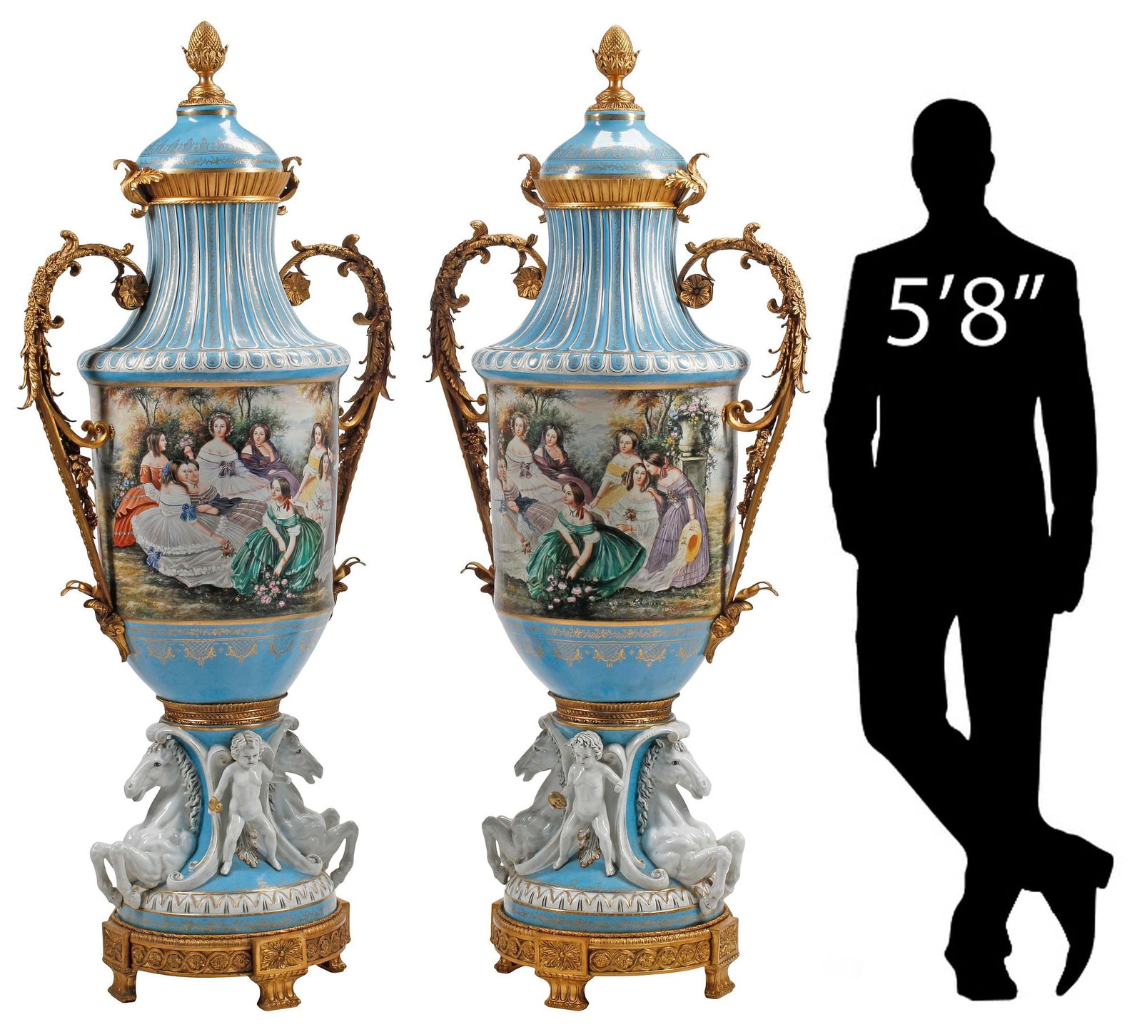 (2) LARGE SEVRES STYLE ORMOLU-MOUNTED PORCELAIN COVERED VASES, 72"H: (pair) Monumental Sevres style porcelain covered floor vases, each with bronze dore mounts, dual scrolled handles, centering reserves depicting young ladies seated in a garden, after the painting