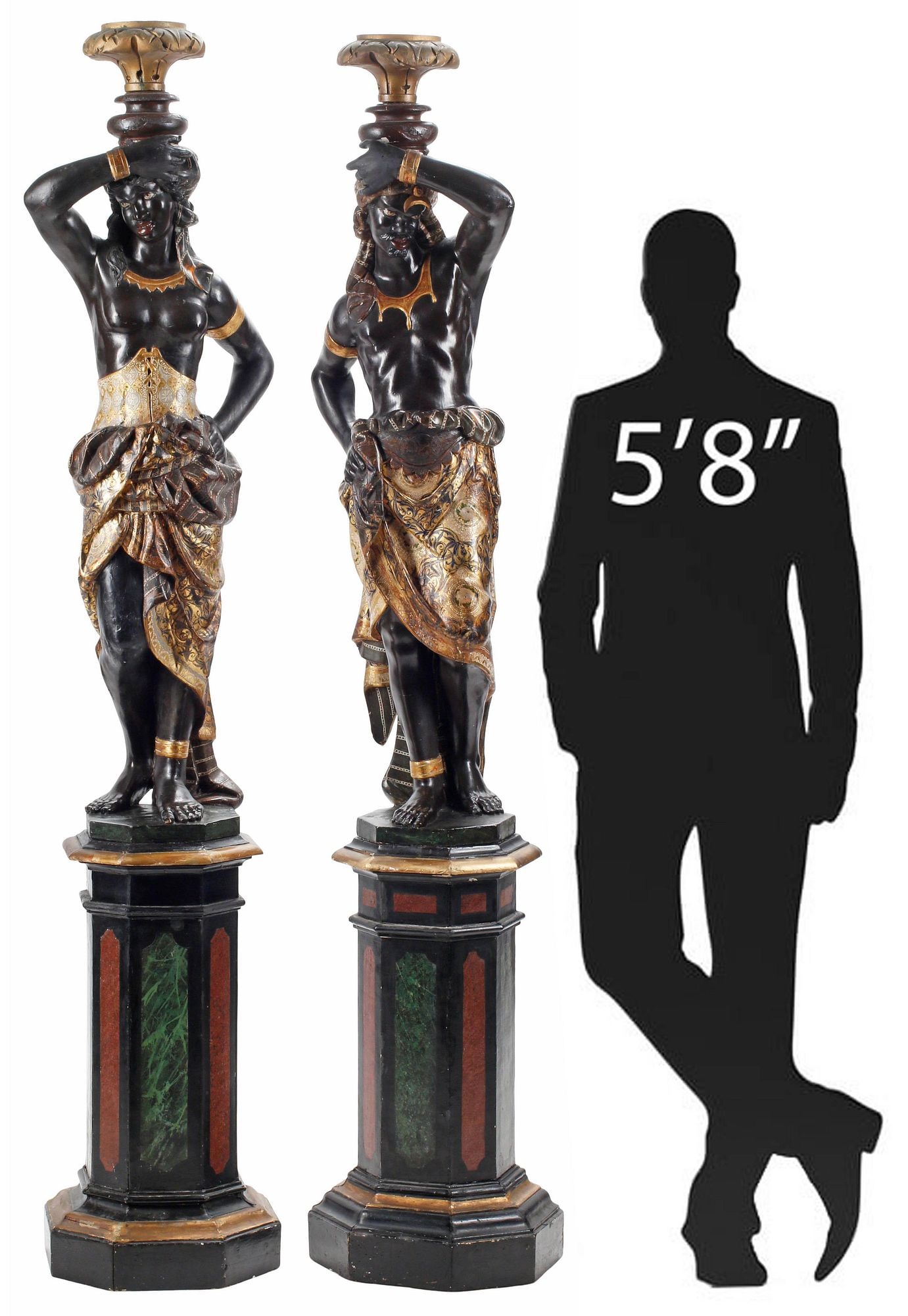(2) LARGE VENETIAN PARCEL-GILT FIGURES ON PEDESTAL BASES, 78.5"H: (pair) Large Venetian parcel-gilt and painted figures, 19th c., robed man and woman, standing on an integral octagonal base, in a marbleized finish, approx 78.5"h, 15"diam