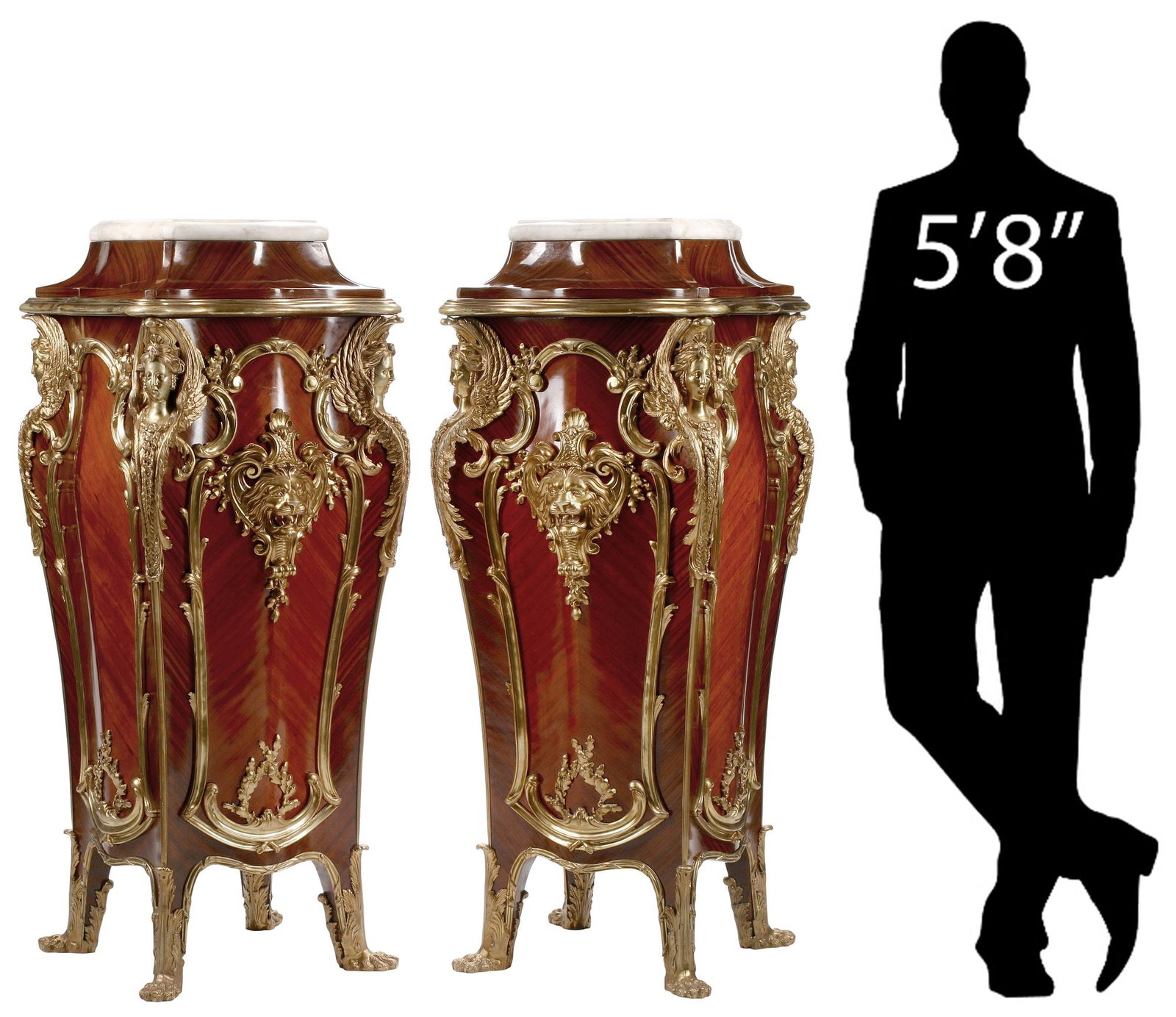 (2) LARGE LOUIS XV STYLE MARBLE-TOP & ORMOLU MOUNTED PEDESTALS, 56"H: (pair) Large Louis XV style bronze dore mounted pedestals, each surmounted by a white marble top, shaped case mounted with figural espangollets and lion masks, curved supports terminate in paw