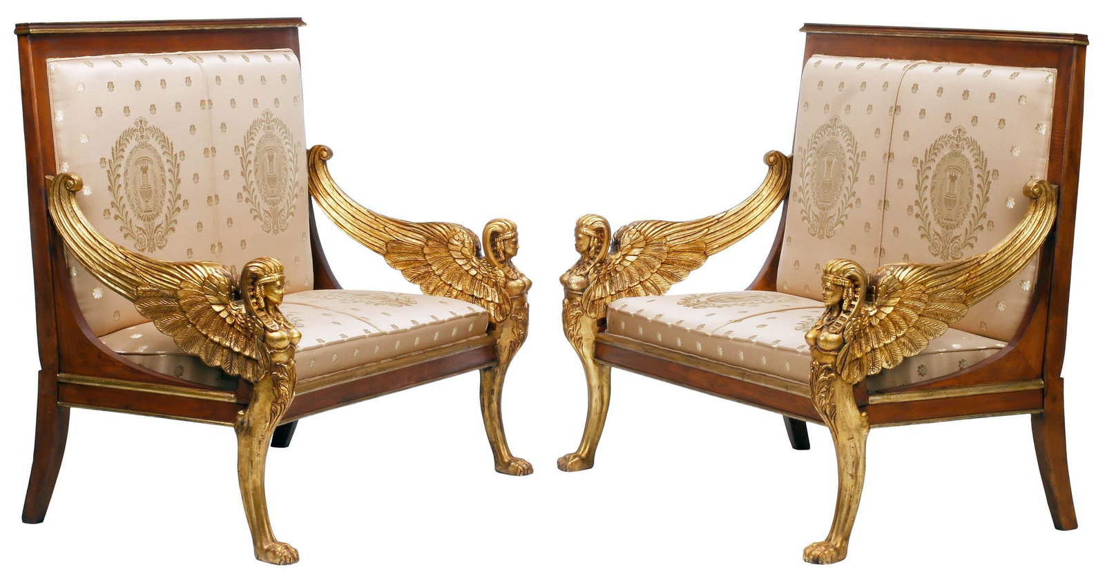 (2) EMPIRE STYLE PARCEL-GILT SILK-UPHOLSTERED SALON SETTEES / SOFAS: (pair) Empire style parcel-gilt salon setees/ sofas, each having padded back and seat in jacquard silk upholstery, on winged sphinx monopodiae front supports, approx 44.5"h, 54"w, 29"d, seat height: