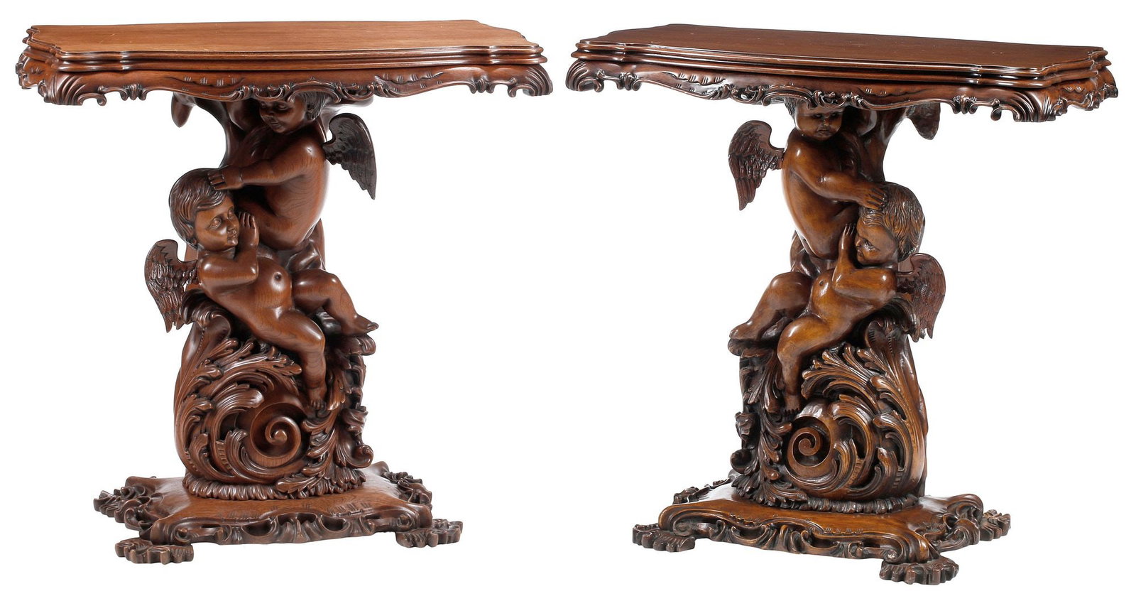 (2) VENETIAN 'GROTTO' STYLE FIGURAL CHERUB CONSOLE TABLES: (pair) Venetian style "Grotto" carved walnut console tables, each having shaped top, rising on scrolling foliate standard with figural winged cupids, ending on footed base, approx 34"h, 35"w, 19"d