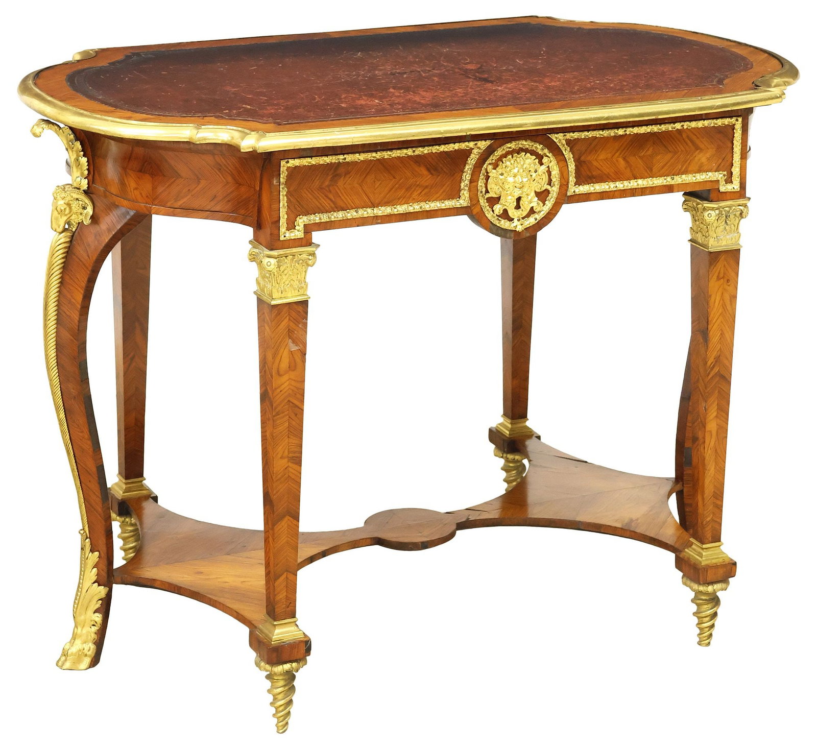 LOUIS XIV STYLE ORMOLU-MOUNTED LEATHER-TOP TULIPWOOD BUREAU PLAT (1 of 4)