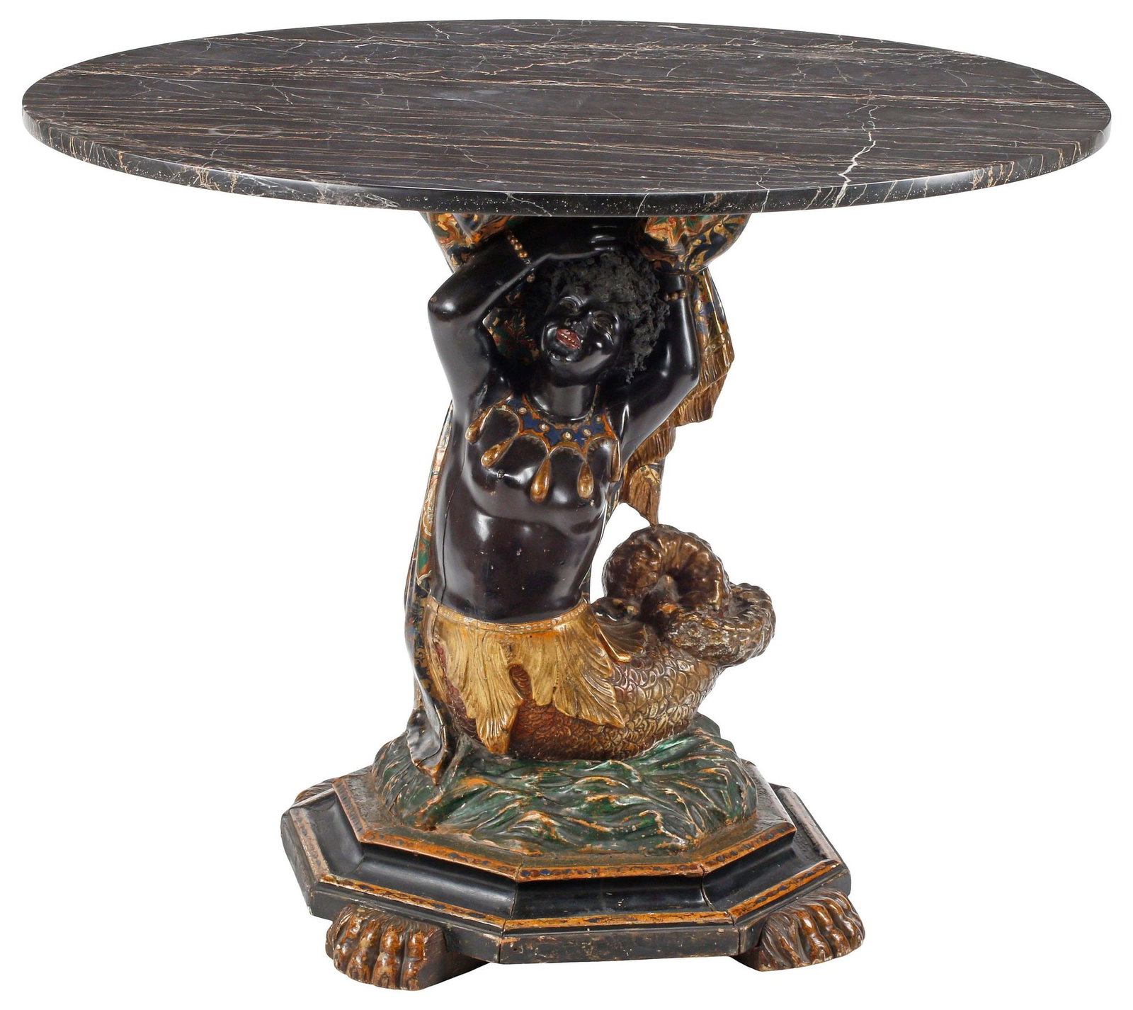 VENETIAN MARBLE-TOP POLYCHROME-PAINTED FIGURAL CENTER TABLE, 42"DIAM: Large Venetian parcel-gilt and polychrome-decorated figural center table, 19th c., having circular marble top, supported by a mermaid-form fantasy figure on stylized waves, hexagonal base on paw