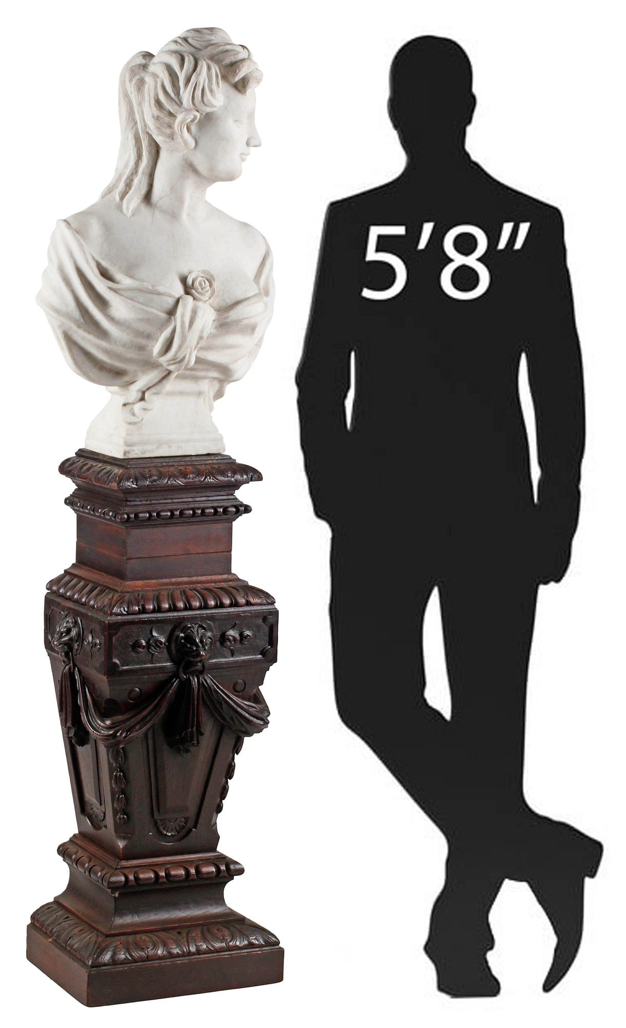 CARVED MARBLE FEMALE BUST ON RENAISSANCE STYLE WOOD PEDESTAL, 68"H (1 of 9)