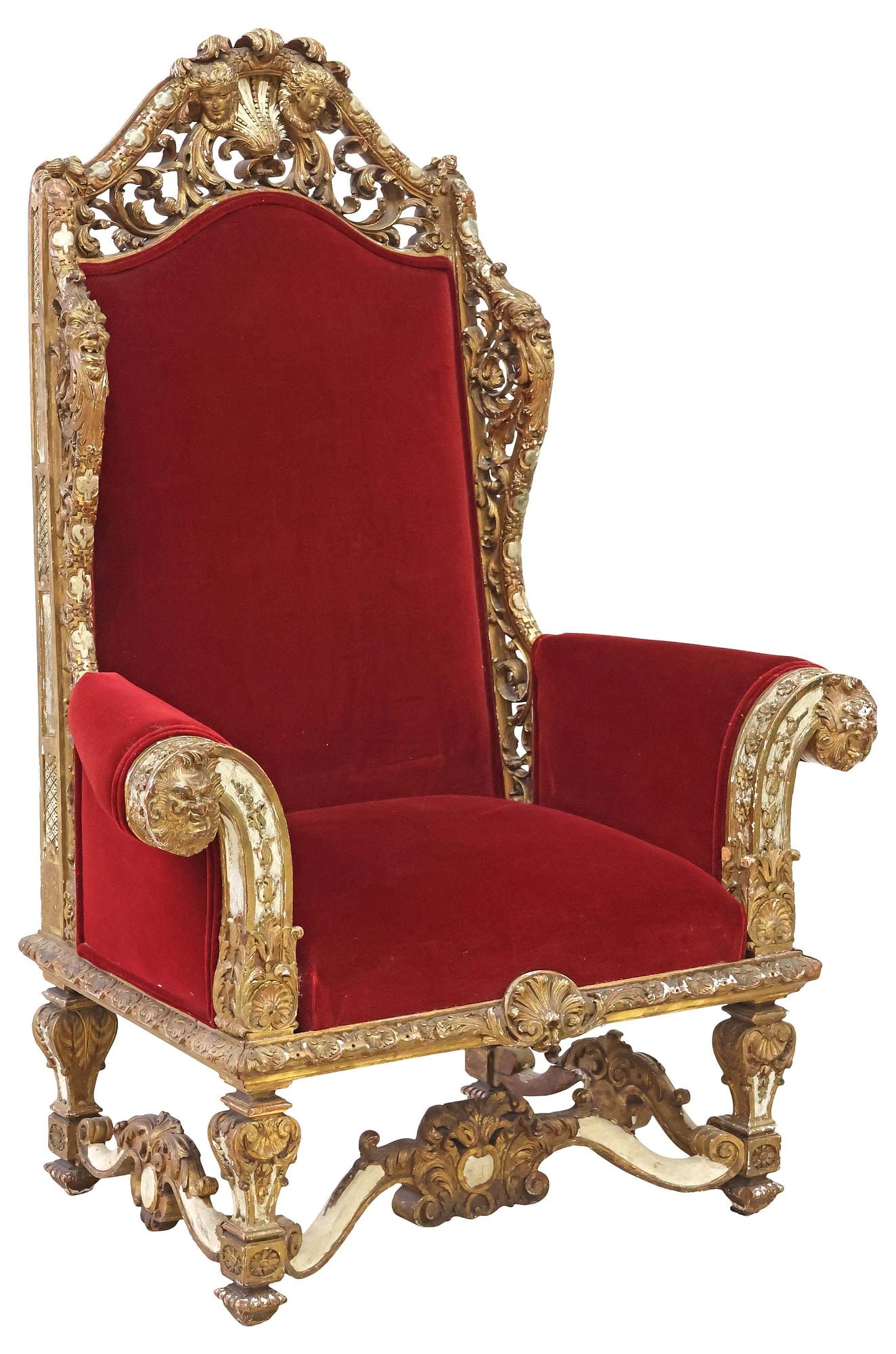 REGENCE STYLE PARCEL-GILT & CARVED FIGURAL THRONE CHAIR, 19TH C.: Regence style parcel-gilt and carved wood throne chair, 19th c., pierced crest and bolster wings with foliated scrollwork and figural masks, white-painted accents, padded back, seat, and curved arms i