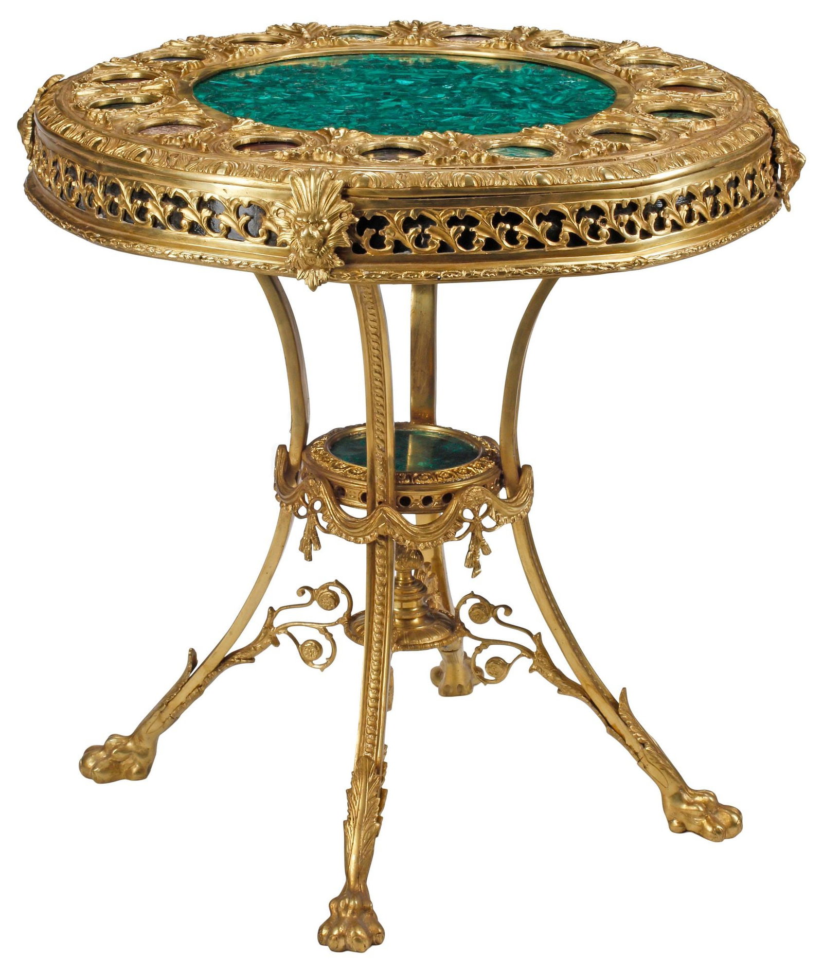 EMPIRE STYLE ORMOLU, MALACHITE & SPECIMEN HARDSTONE CENTER TABLE: Empire style bronze dore and hardstone center table, circular top centering a malachite plaque, within a surround of alternating hardstone specimen panels, the frame with applied lion masks, on three