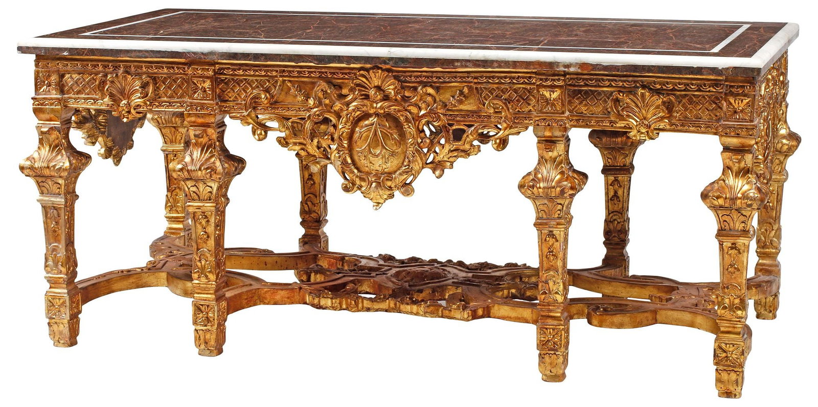 ORNATE REGENCE STYLE MARBLE-TOP GILTWOOD SALON TABLE, 77"L (1 of 7)