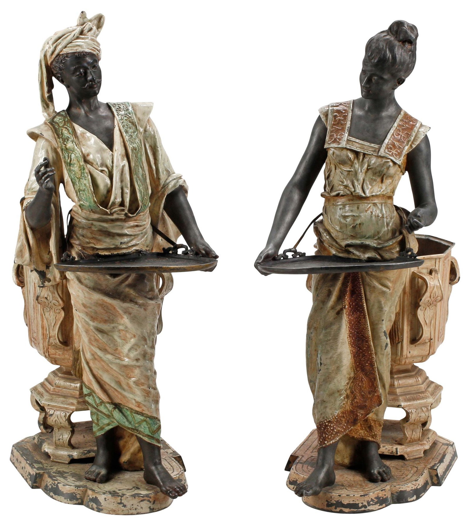(2) LOUIS HOTTOT (FRENCH, D.1905) COLD-PAINTED ORIENTALIST FIGURAL PLANTERS, 38"H (1 of 7)