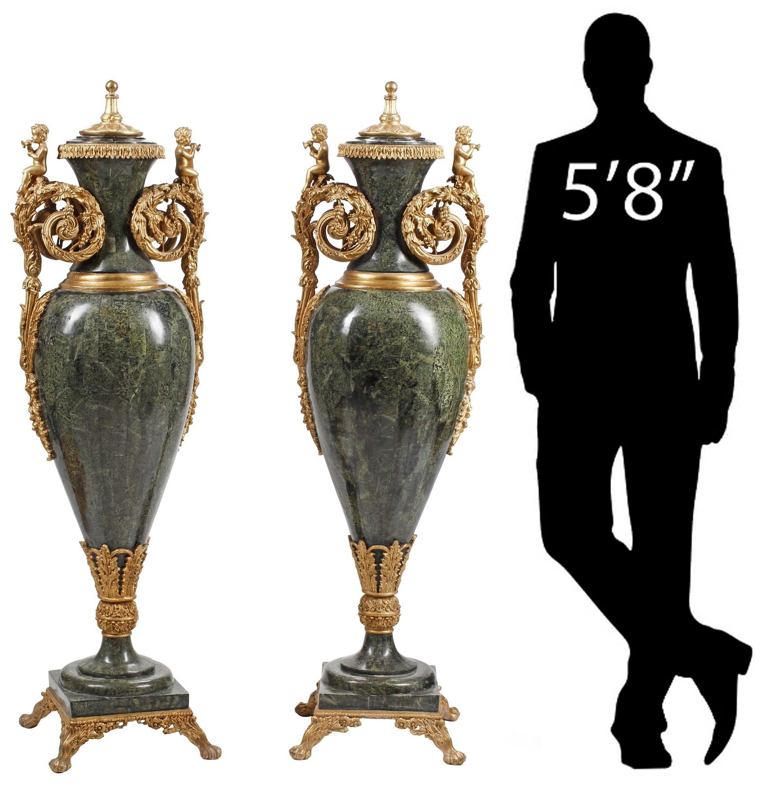 (2) PALATIAL GREEN STONE-TILED & PARCEL-GILT FLOOR VASES / CASSOLETTES, 61"H (1 of 5)