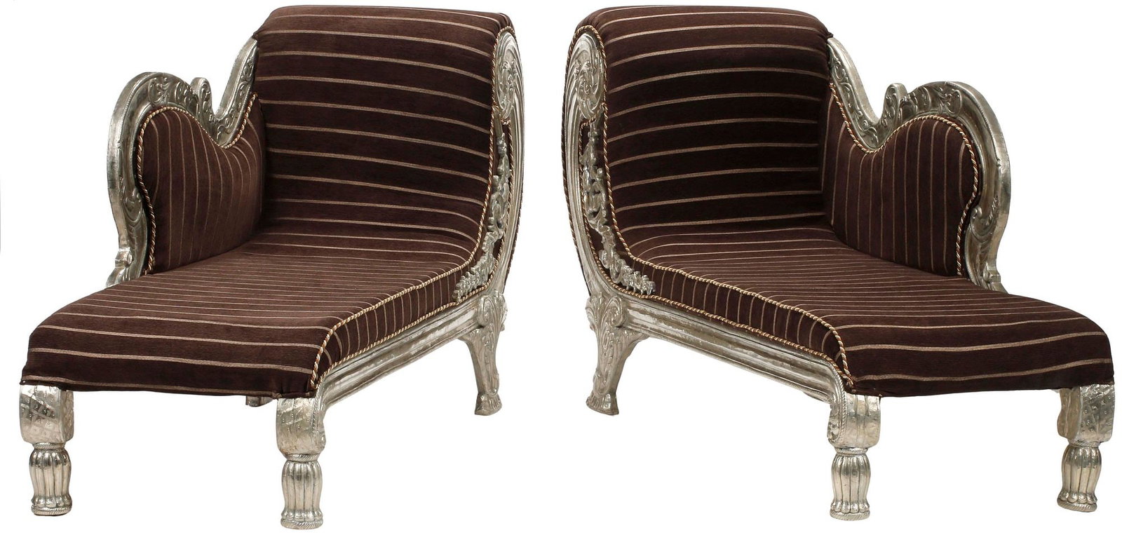 (2) ANGLO-INDIAN STYLE SILVERED METAL-CLAD CHAISE LOUNGES / MERIDIENNES (1 of 6)