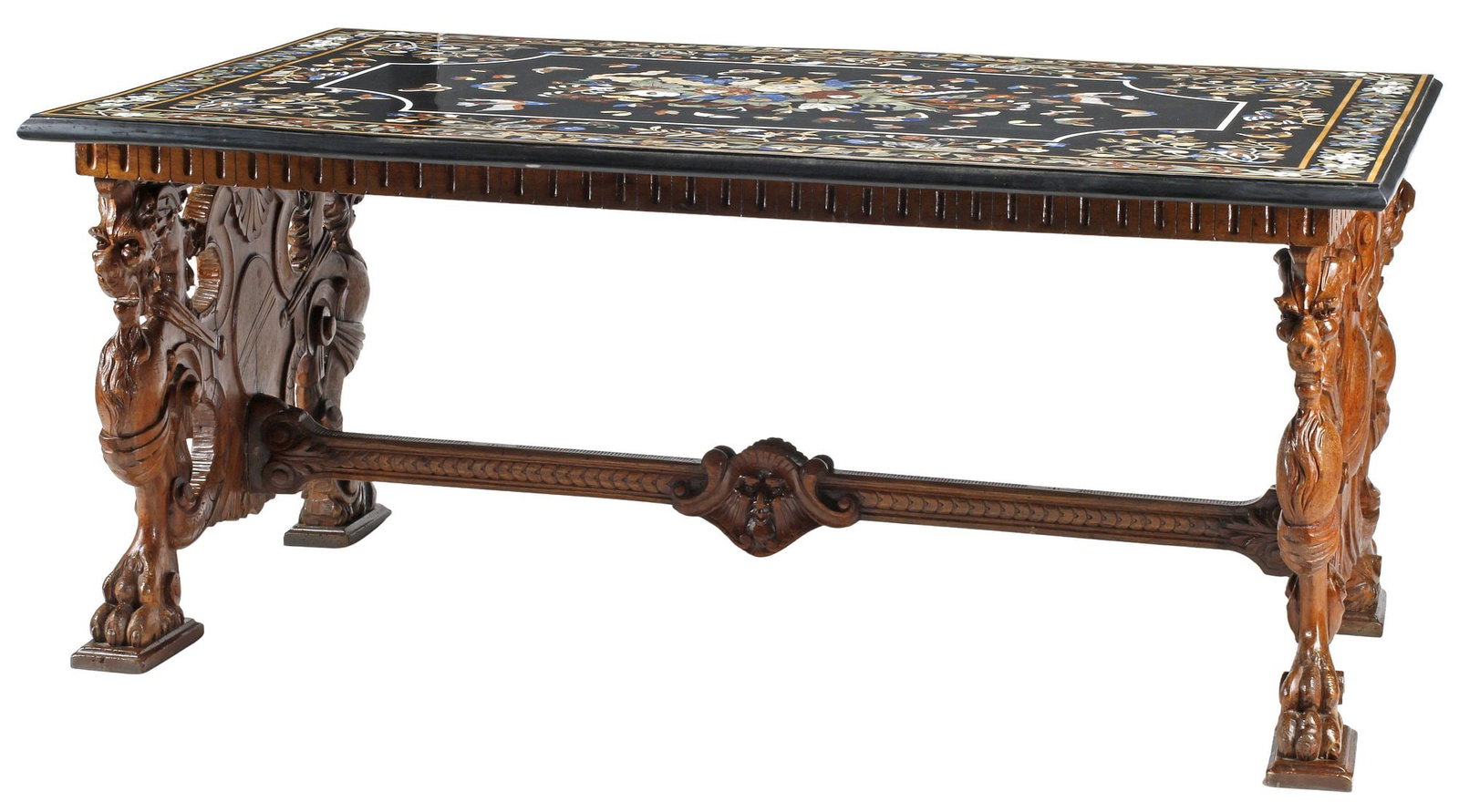 ITALIAN RENAISSANCE REVIVAL SPECIMEN MARBLE-TOP WALNUT TRESTLE TABLE (1 of 9)